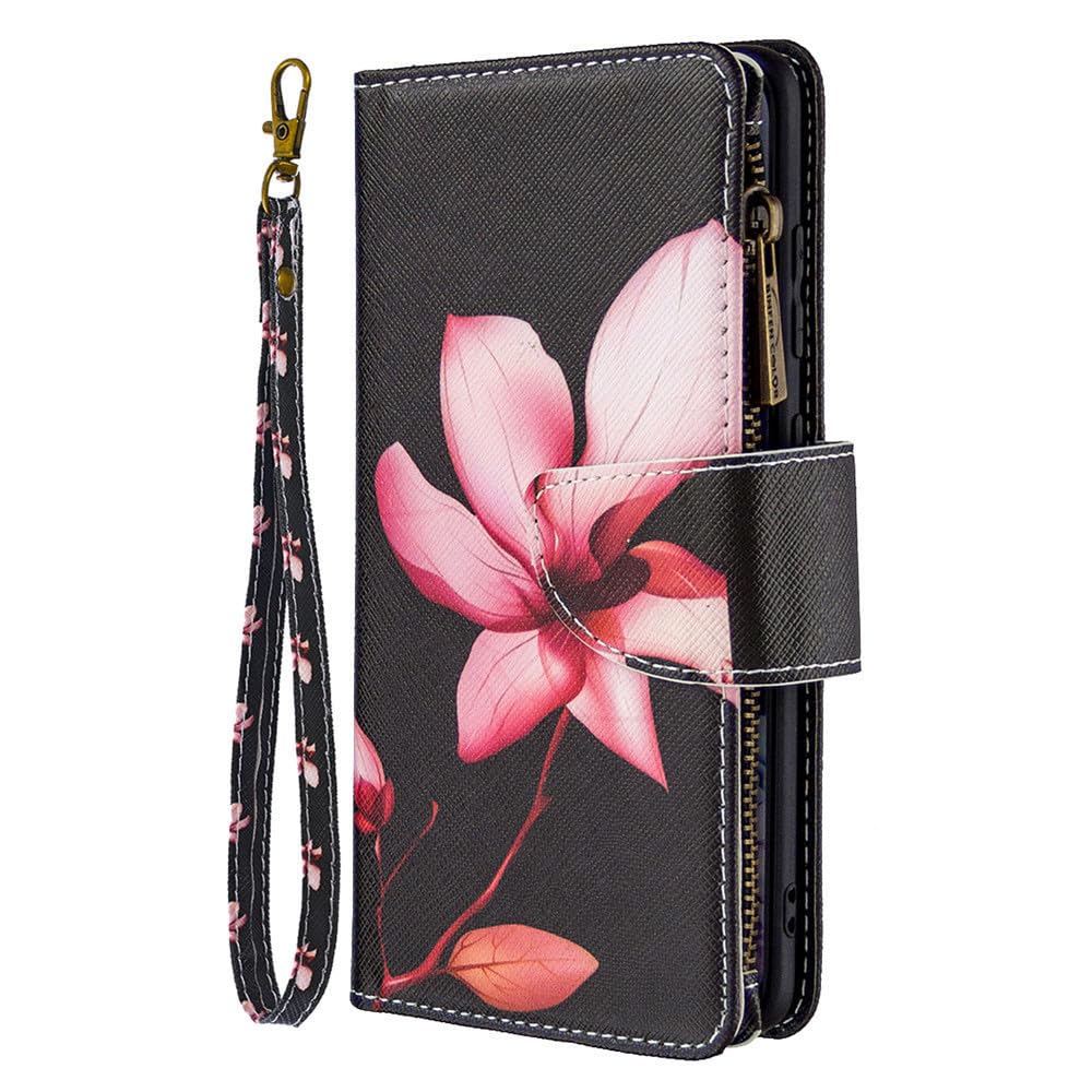 XYX Wallet Case for Samsung Galaxy S20 Plus - Colorful PU Leather Flip Cover with Zipper, 9 Card Slots & Wrist Strap (Lotus Design) - Perfect for Daily Use, Travel, and Hands-Free Convenience