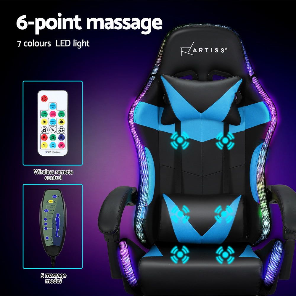 Artiss 6-Point Massage Gaming & Office Chair with 7 LED Color-Changing Footrest - Cyan Blue Ergonomic Computer Chair for Home, Work & Gaming Setup