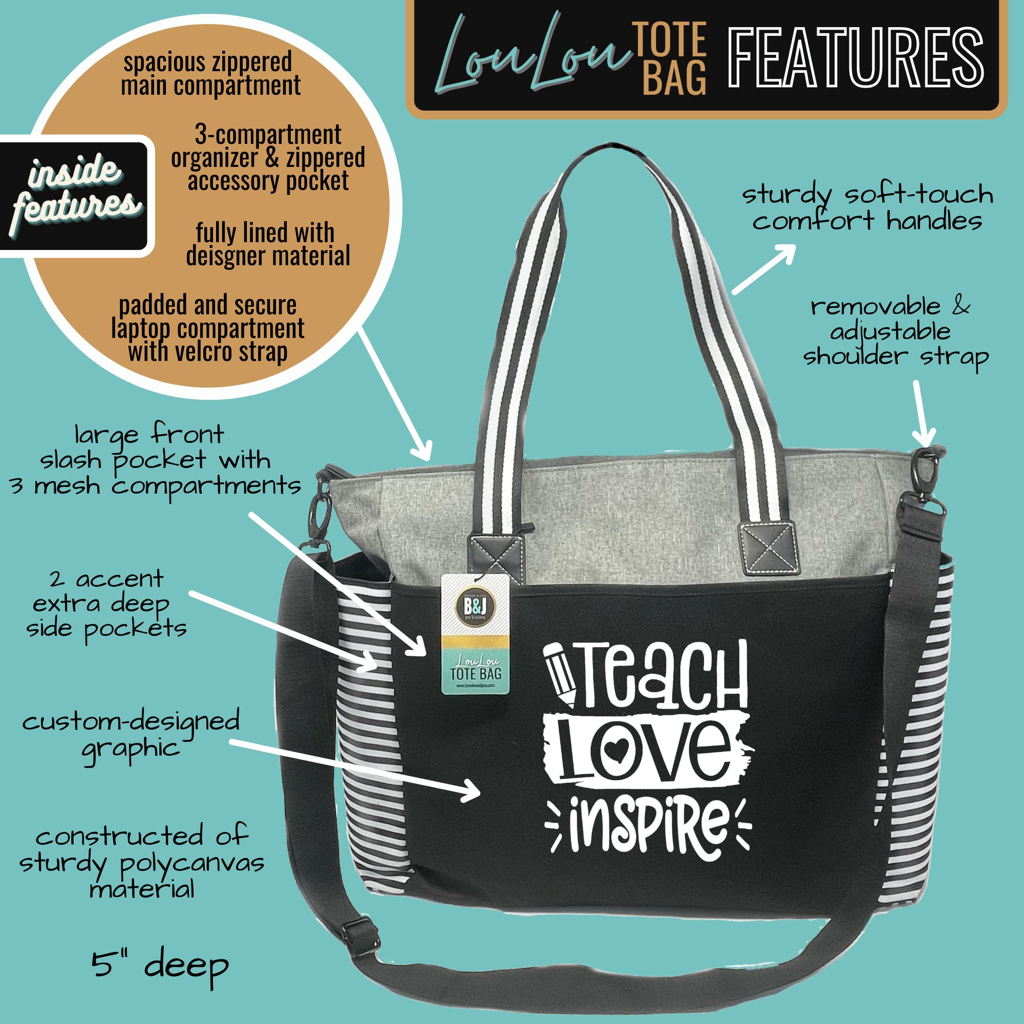 Brooke & Jess Designs Teacher Tote Bag for Women - Durable Work Handbag with Multiple Pockets, Perfect Teacher Appreciation Gift for Educators, School Supplies & Everyday Use
