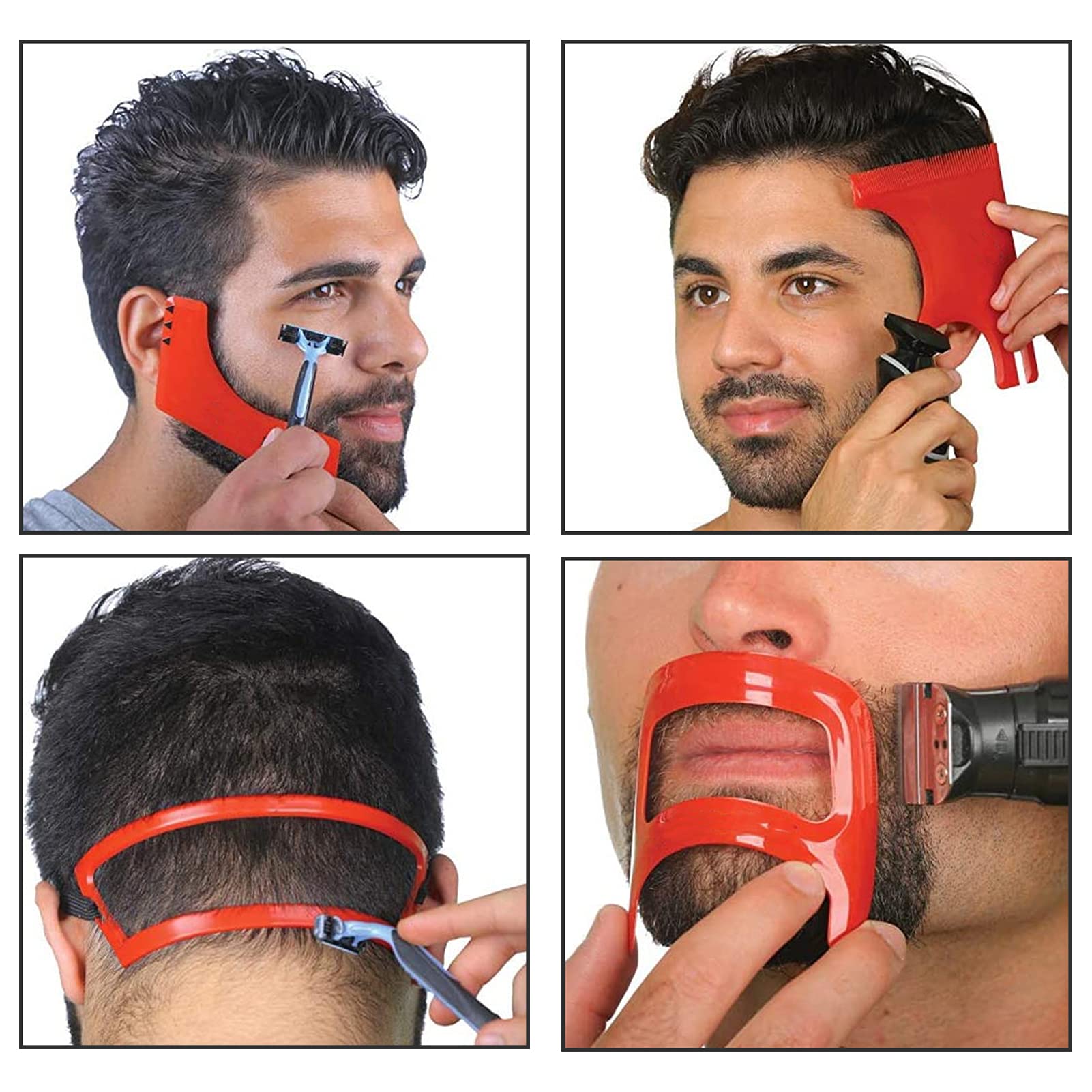 Professional Beard Shaping Tool Kit - 4pcs Beard Styling & Grooming Templates for Precise Hairline Cutting & Shaving | Perfect for Barbershop & Home Grooming | Durable Red Plastic Beard Template Set