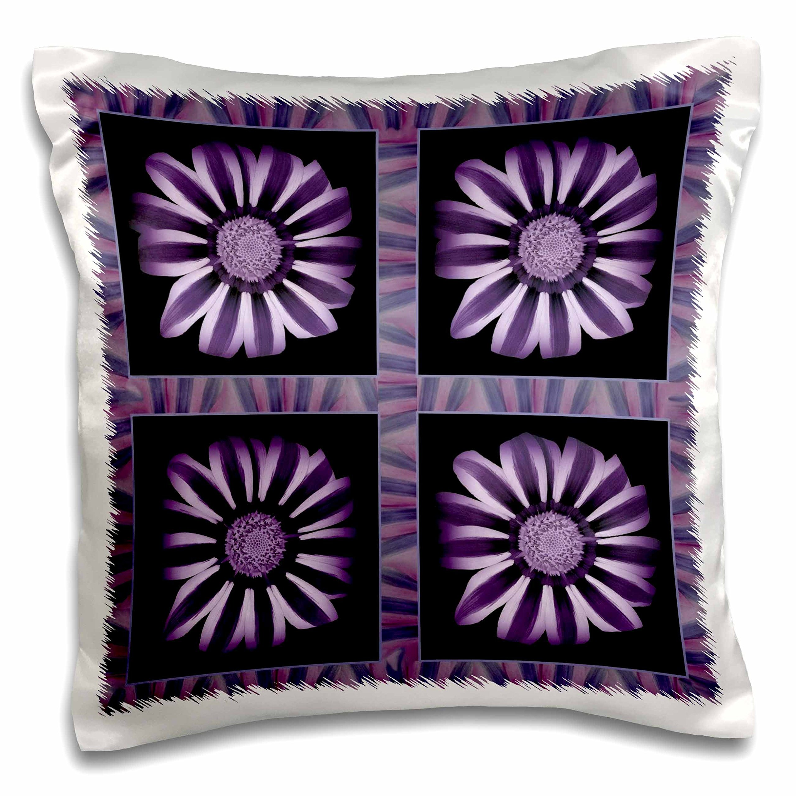 3D Rose 16x16 Inch White Pillow Case with Dark Purple Striped Flowers and Plum Navy Petal Border - Decorative Cushion Cover for Living Room, Bedroom, Sofa