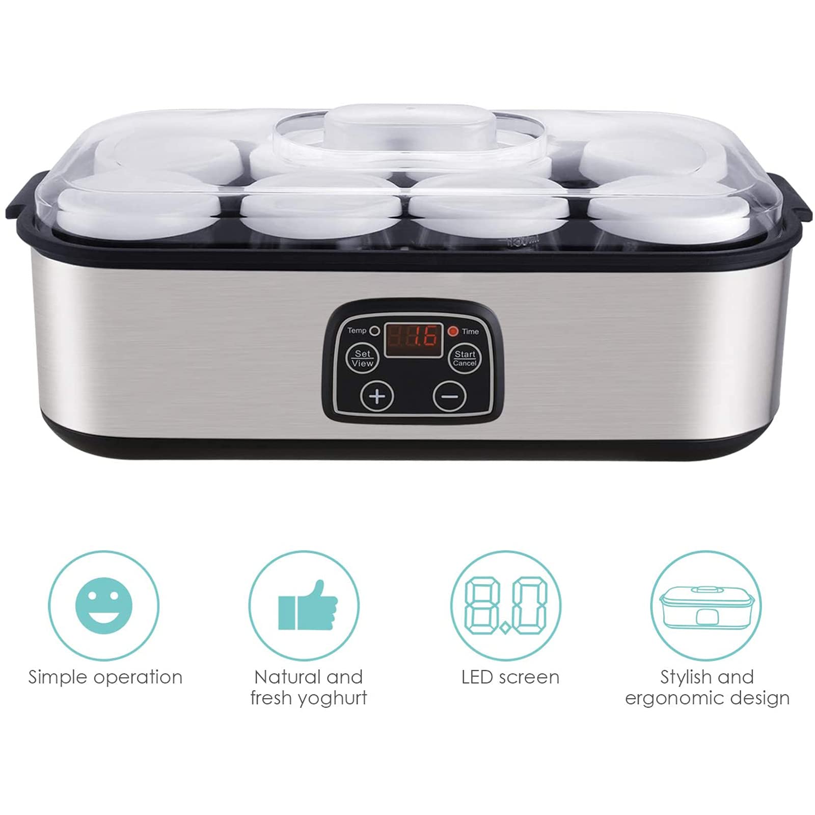 Automatic Digital Yogurt Maker Machine with LCD Display - 8 Glass Jars (48 Oz) - Stainless Steel Design & Auto Temperature Control - Perfect for Homemade Yogurt, Healthy Snacks, and Family Breakfast