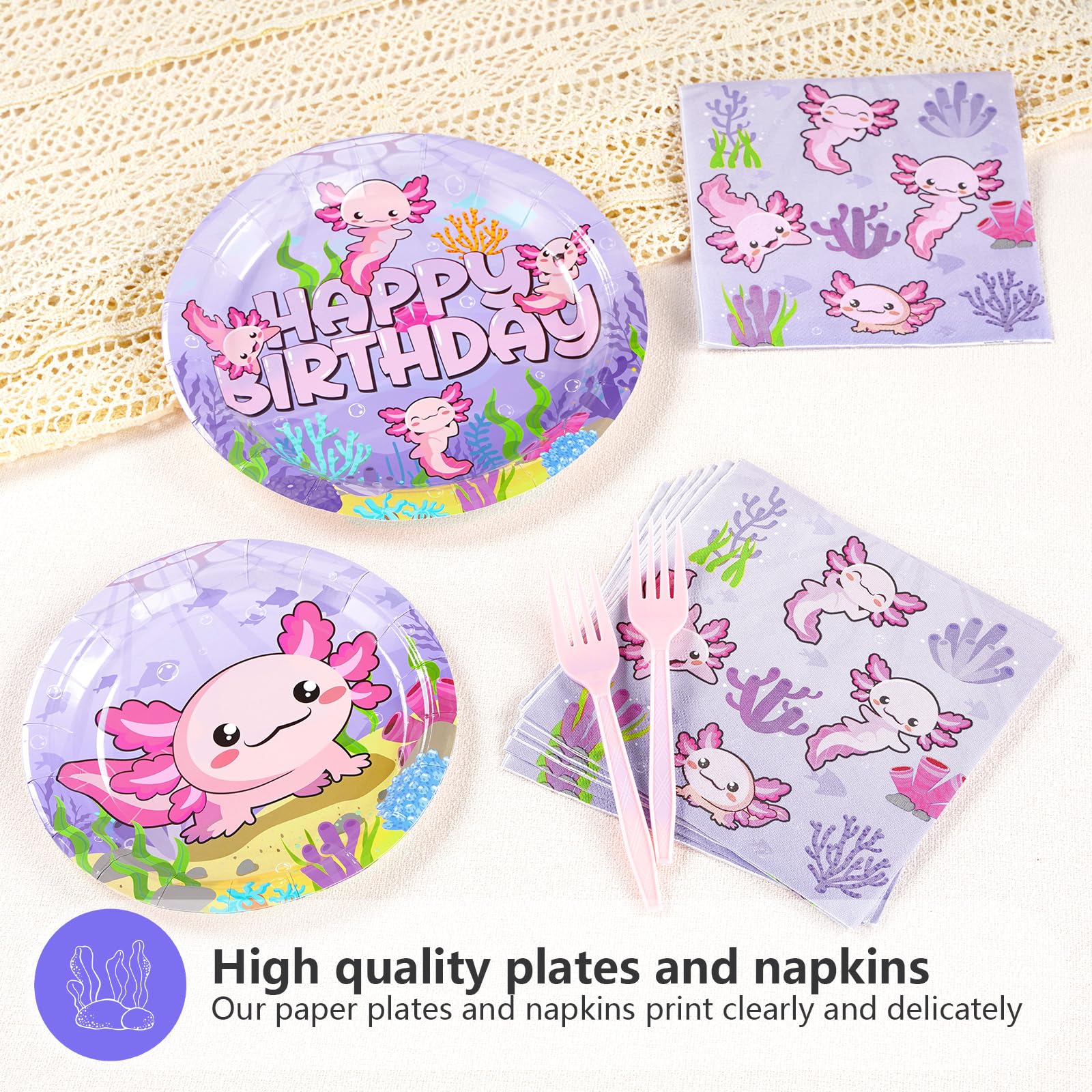 96Pcs Pink Cartoon Axolotl Party Supplies Set - Plates, Napkins & Tableware for Birthday, Baby Shower, Kids Party Decorations - Cute Reptile Animal Theme - Serves 24 Guests - Perfect for Girls' Birthday, Themed Parties & Baby Showers