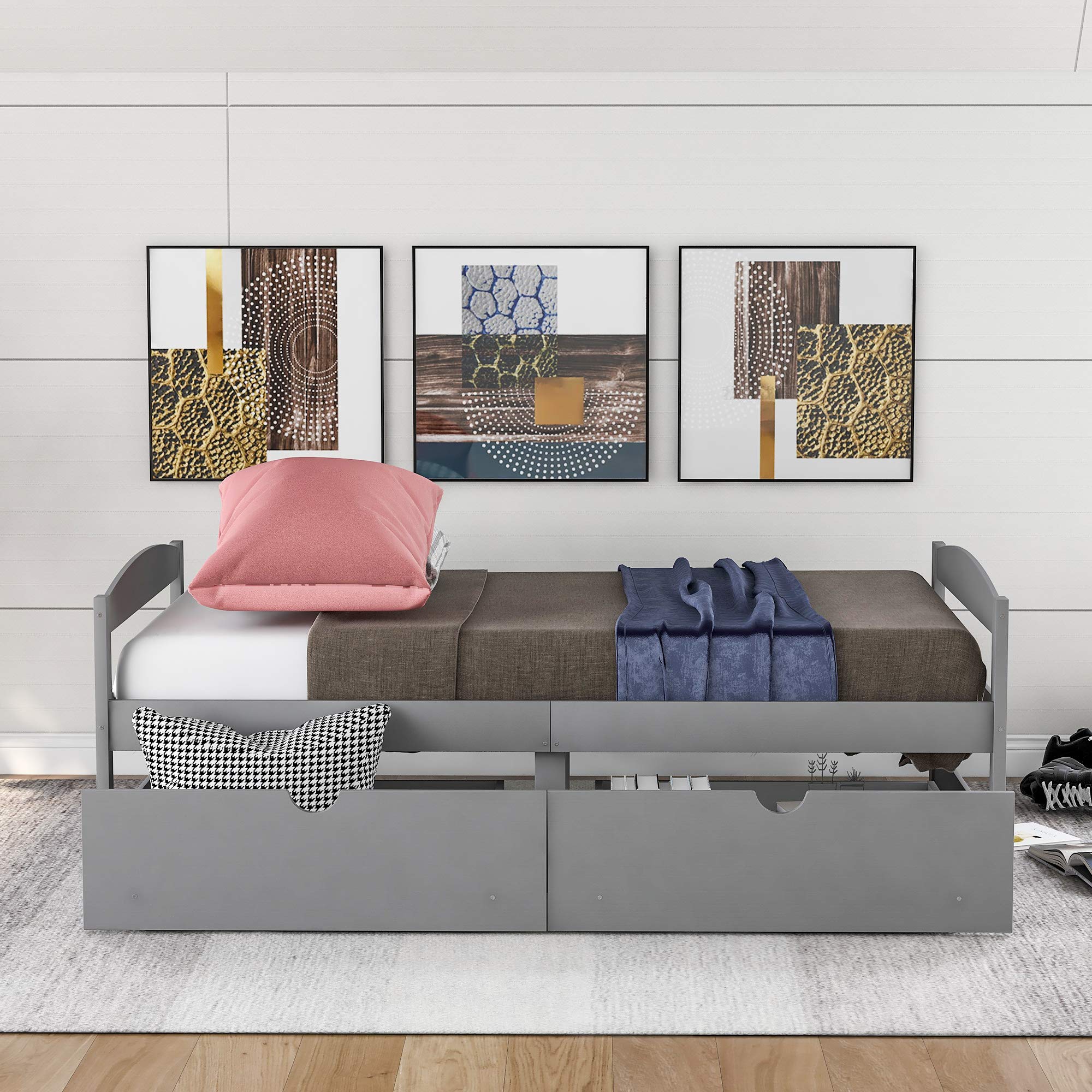 Merax Classic Solid Wood Twin Size Daybed with Storage Drawers - Grey Platform Bed for Living Room, Bedroom & Guest Room - Perfect for Small Spaces, Sleepovers & Extra Seating