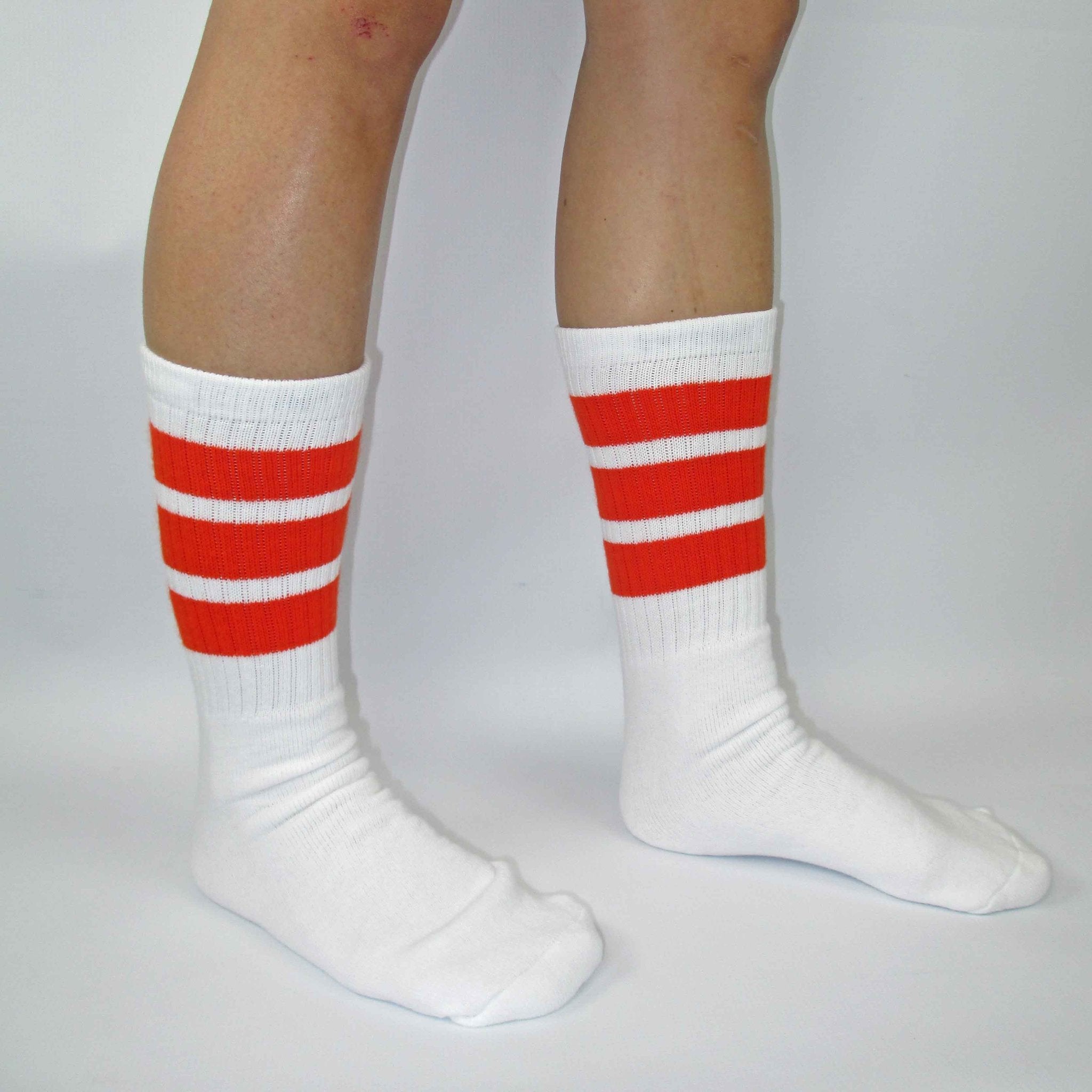 Skater Socks for Men & Women - 19 Pairs White with Orange Stripes - Breathable Cotton Crew Socks for Skateboarding, Casual Wear & Sports