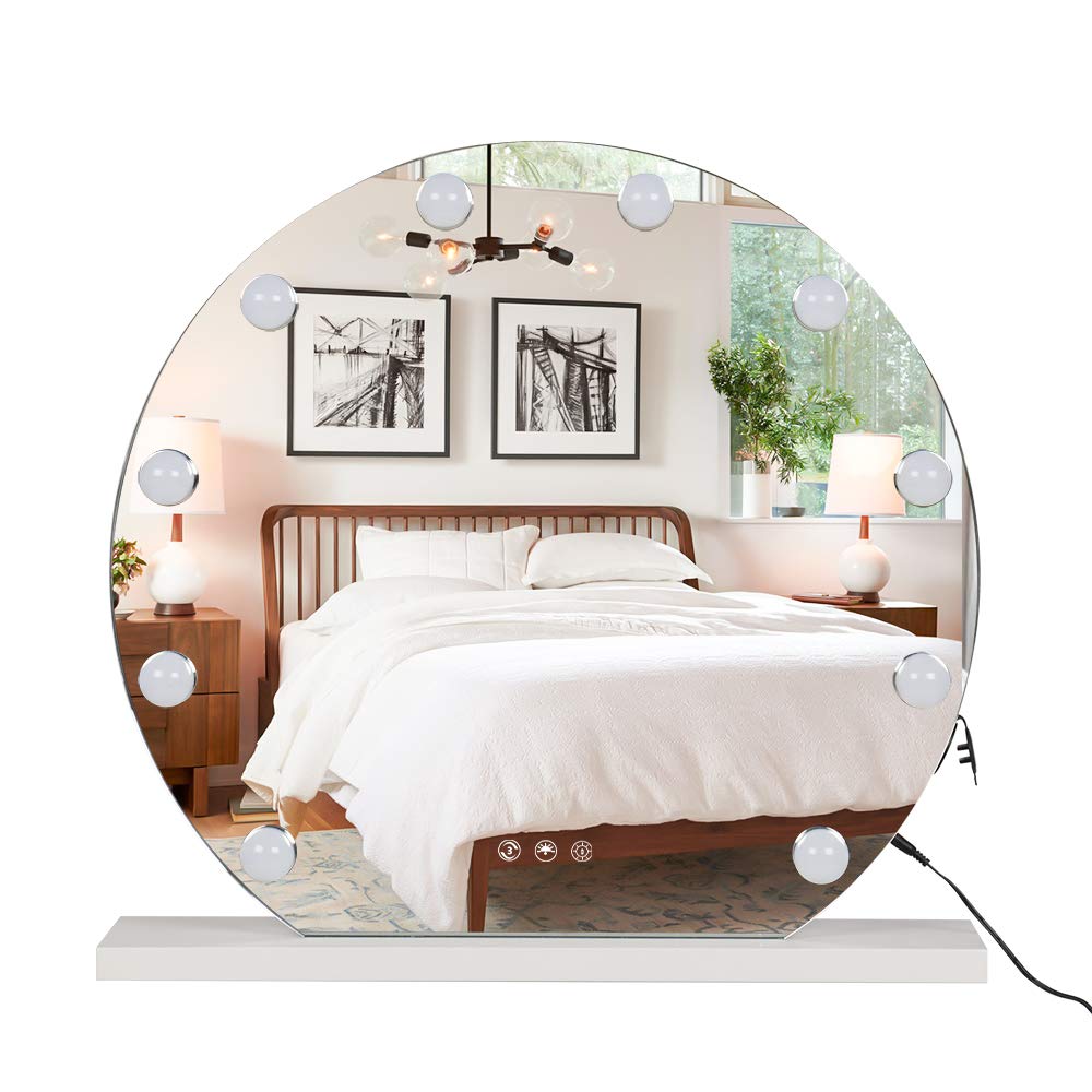 Hollywood Vanity Mirror with 12 LED Bulbs - Round Makeup Mirror with Frame & White Square Base - Perfect for Dressing Table, Salon, and Home Decor