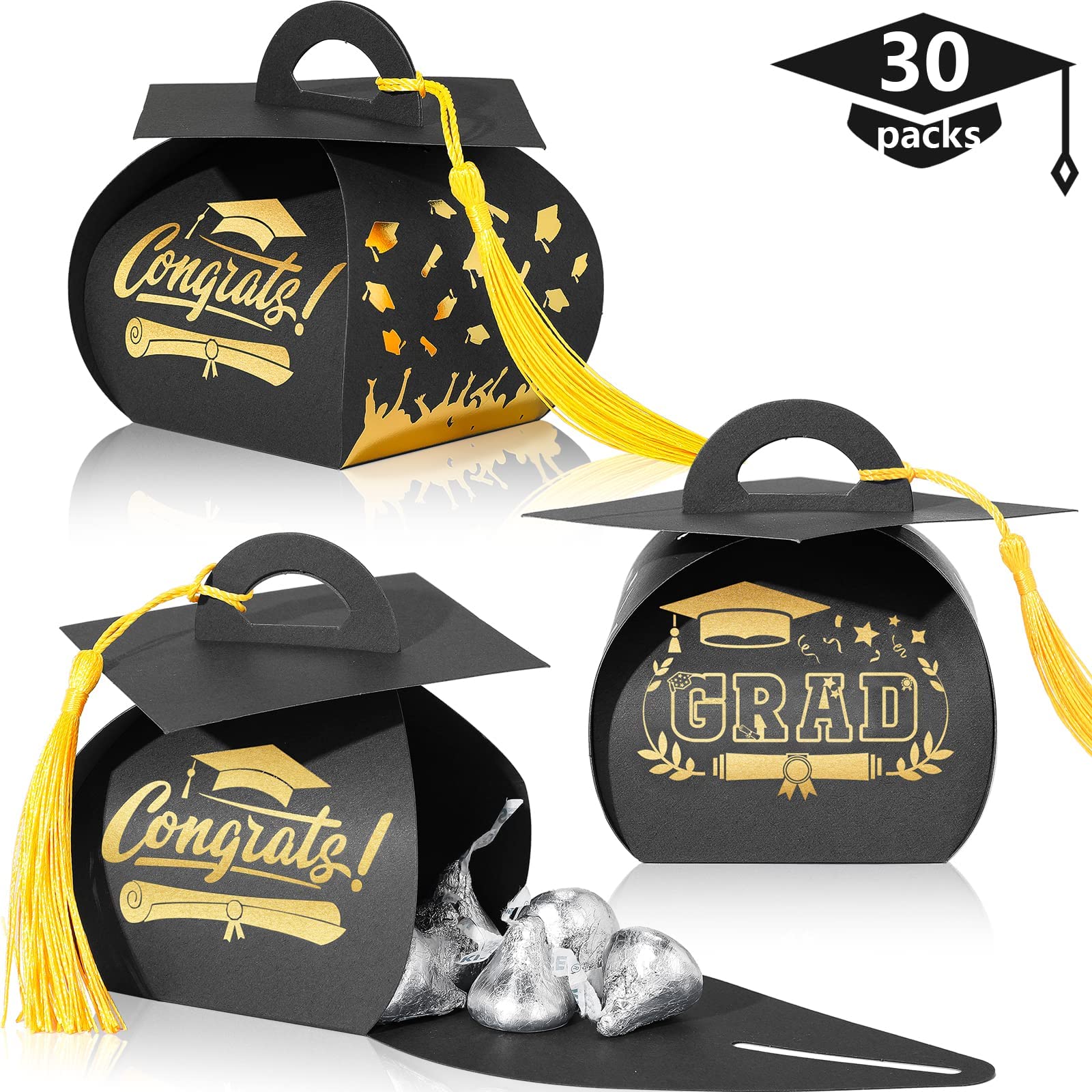 30-Piece Graduation Cap Gift Box Set with Gold Tassel - Elegant Graduation Party Favors, Candy Treat Boxes & Table Centerpieces - Perfect for 2023 Graduation Decorations & Grad Party Supplies (Black) - Ideal for Graduation Ceremonies, Open House Celebrations & Photo Booth Props