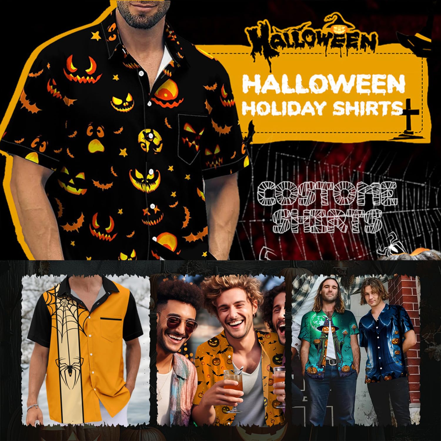 Funny Halloween Shirts for Men - Spooky Pumpkin Ghost Spider Monster Costume Short Sleeve Button Down Shirt | Perfect for Halloween Parties, Costume Contests & Trick or Treating