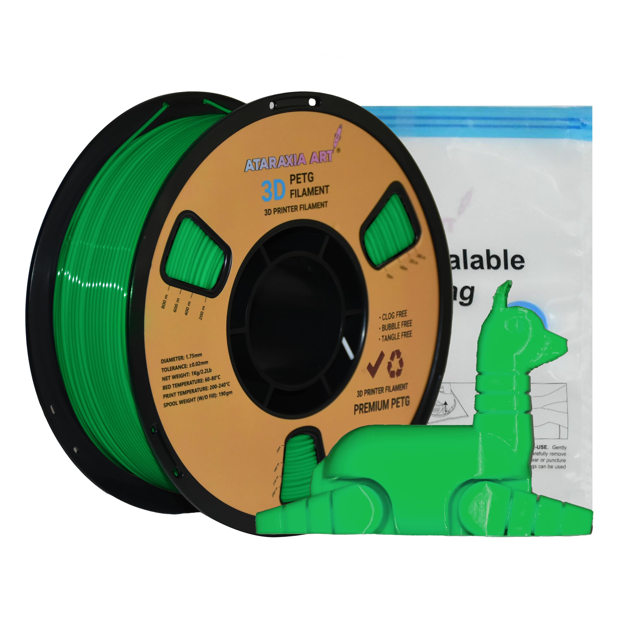 Premium ATARAXIA ART 1.75mm PETG 3D Printer Filament - 1Kg Spool (2.2lb) with Vacuum Storage Bags - ±0.02mm Accuracy - Tidy Winding - Universal FDM Compatibility - Vibrant Green Filament for Cosplay Props, Functional Prototypes & DIY Projects