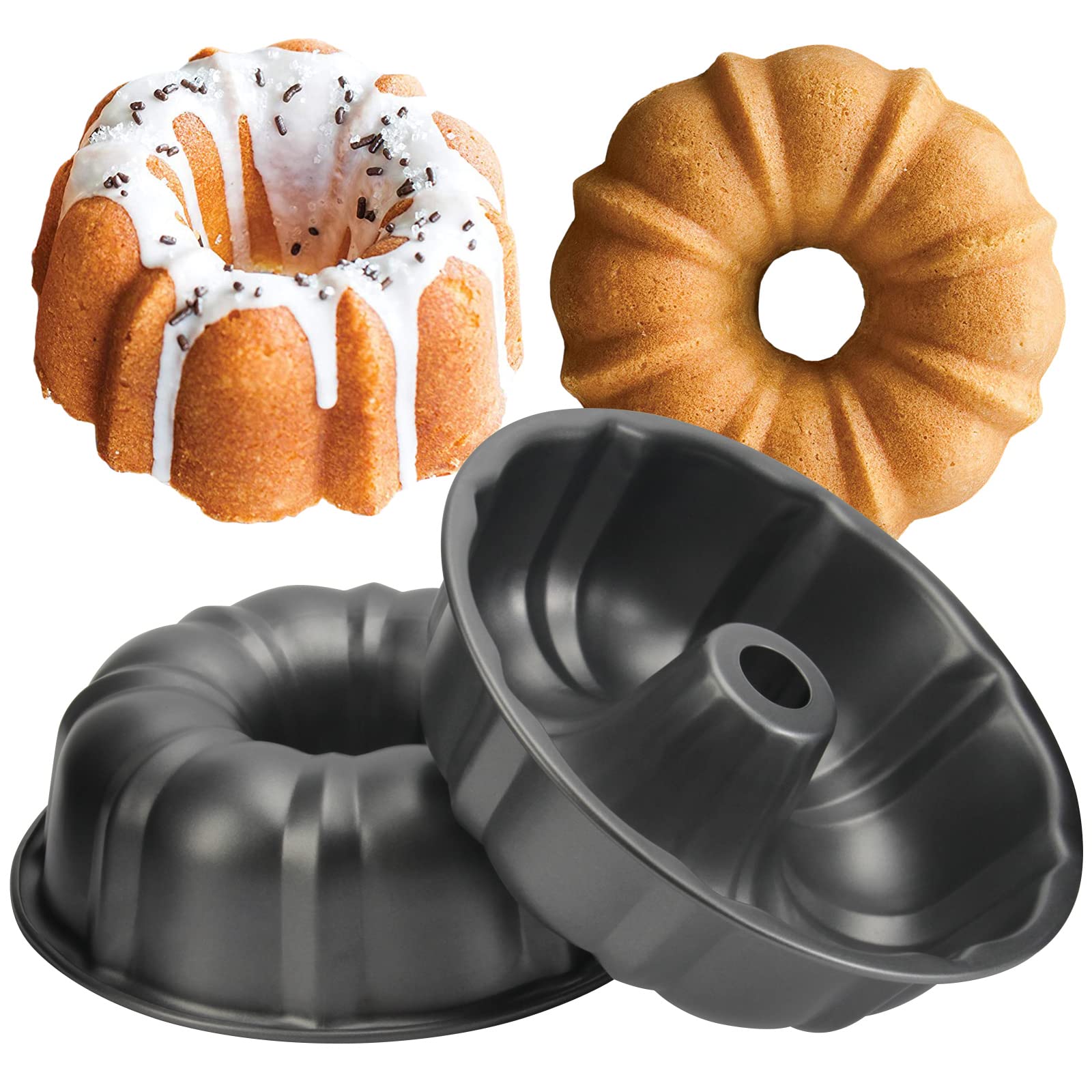Nonstick 9.5 Inch Bundt Cake Pan Set of 2 - Heavy Duty Carbon Steel 12 Cup Pound Cake Mold for Baking Bundt Cakes, Buntelet, Bavarois & Brownies (Grey) - Perfect for Holiday Desserts, Birthday Parties & Family Gatherings