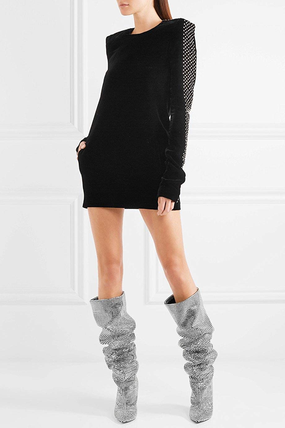 Stylish THESHY Women's Rhinestone Embellished Pointed Toe Over-The-Knee Boots - Perfect for Party, Evening Wear & Winter Fashion