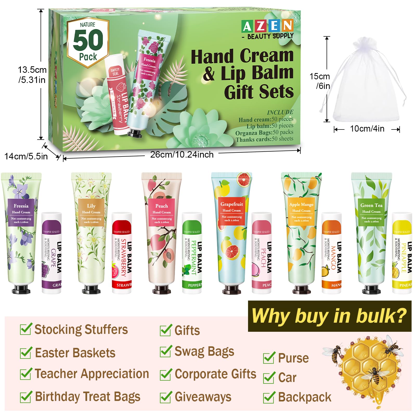 AZEN 50 Sets Hand Cream & Lip Balm Gift Set with Organza Bag & Thank You Card - Perfect for Baby Showers, Weddings, Bridal Souvenirs, Employee Appreciation, Party Favors for Women - Ideal for Guest Gifts, Colleagues & Female Friends