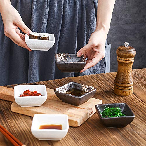 Japanese Style Square Porcelain Side Dish Bowls - Black & White / Black & Brown (Set of 4) - Perfect for Soy Sauce, Dipping Sauces, Seasonings, Sushi, and Asian Cuisine
