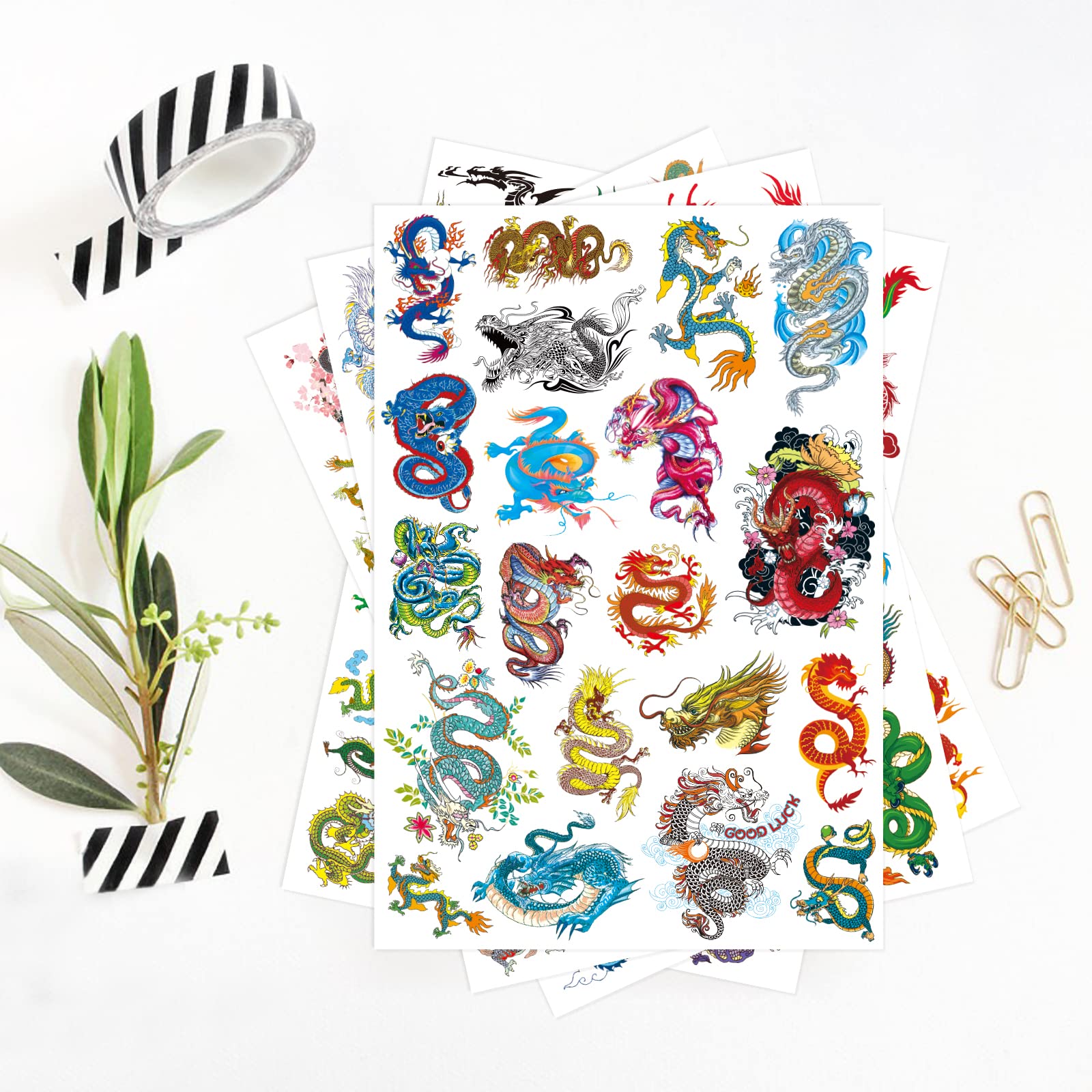 Ancient Dragon Tattoo Party Supplies - 405pcs Waterproof Temporary Tattoo Stickers for Kids, Boys & Girls - Chinese Fairy Dragon Cartoon Designs for Class Activities, Birthday Parties & Halloween Costumes