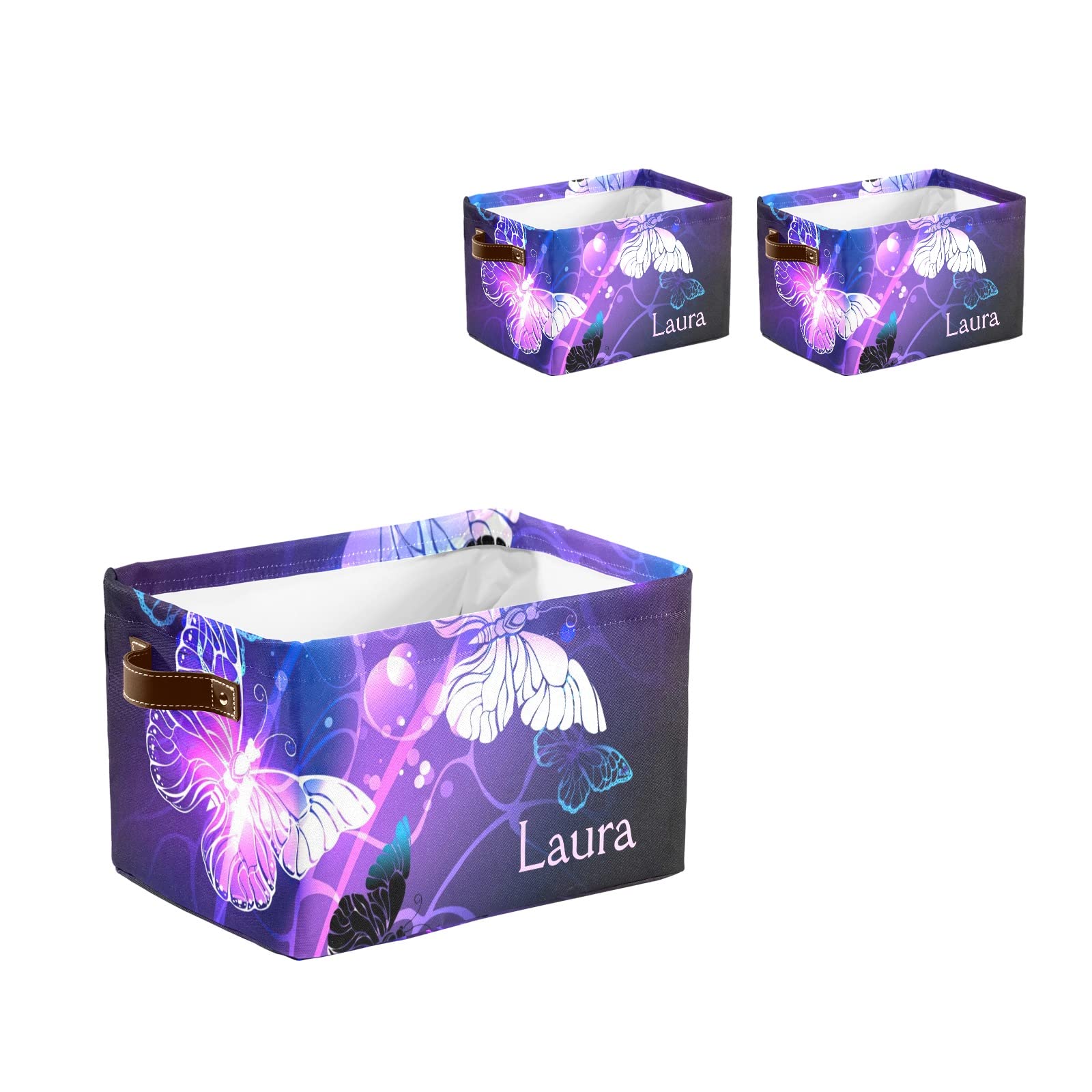 Personalized Fantasy Purple Butterfly Storage Bins with Handles - Custom Text Closet Organizer Boxes (2-Pack) - Perfect for Bedroom, Closet & Kids Room Organization