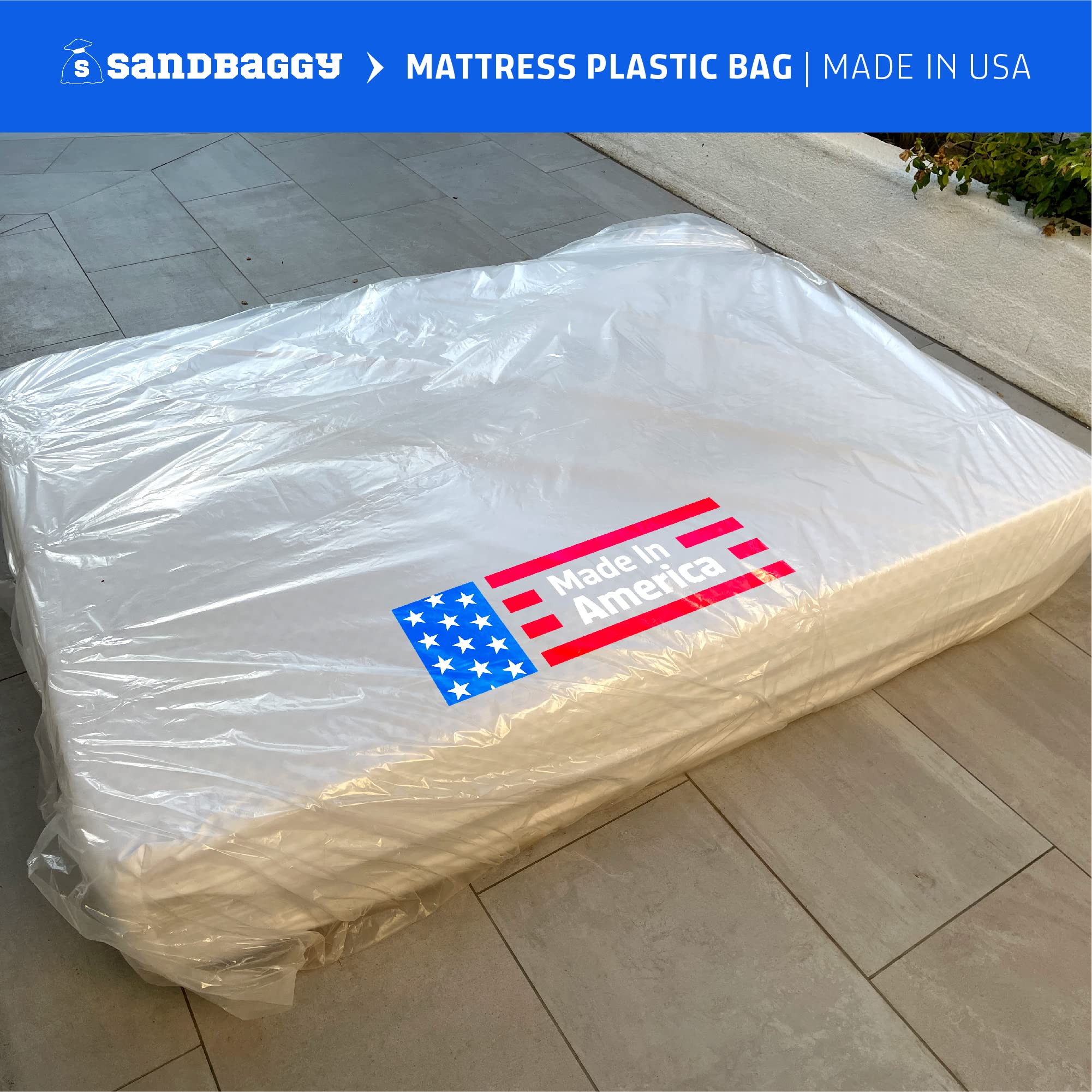 Sandbaggy Mattress Bag for Moving & Storage - Fits Twin, Twin XL, Full & Queen Beds - UV Resistant 1.5 Mil Thick Clear Plastic Cover - Made in USA - Perfect for Home Moves, Long-Term Storage & Furniture Protection