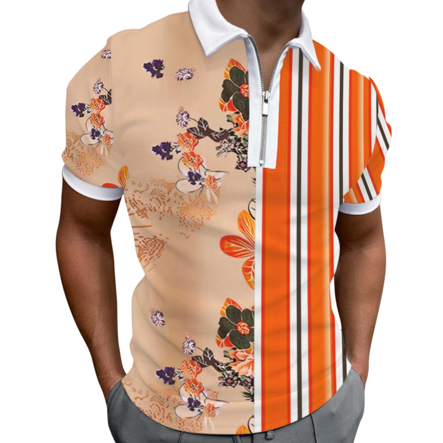 NOLDARES Men's Cotton Short Sleeve Polo Shirts - Slim Fit Polka Dot Printed with Zipper Lapel for Business Casual & Office Wear | Breathable & Comfortable for Summer