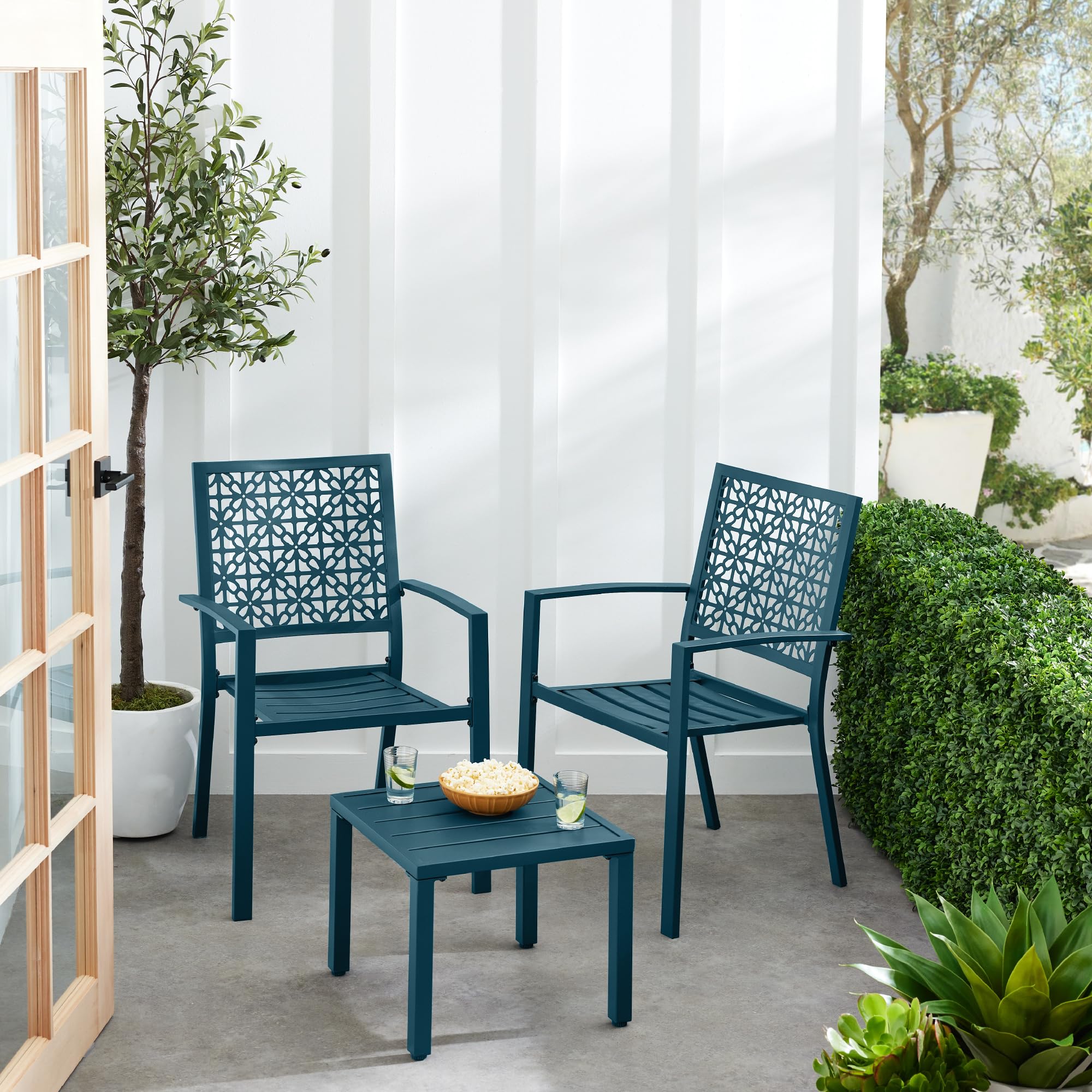 Best Choice Products 3-Piece Outdoor Bistro Set - Stackable Modern Steel Patio Furniture with 2 Chairs & Table for Porch, Garden, Balcony - Geometric Decor in Peacock Blue - Perfect for Small Spaces & Outdoor Dining