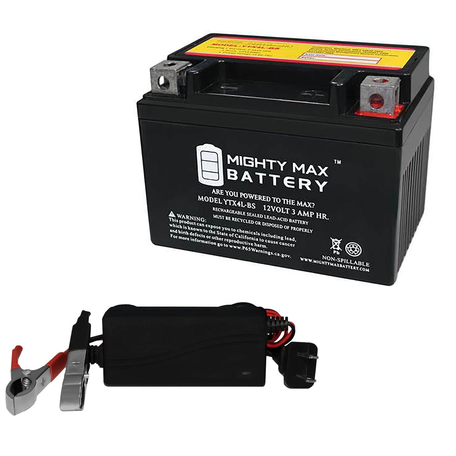 Mighty Max YTX4L-BS 12V Battery & 1A Charger Combo - Compatible with ETon, Kasea, Qianjiang ATVs & Scooters - Perfect for Off-Road Adventures & Urban Commuting