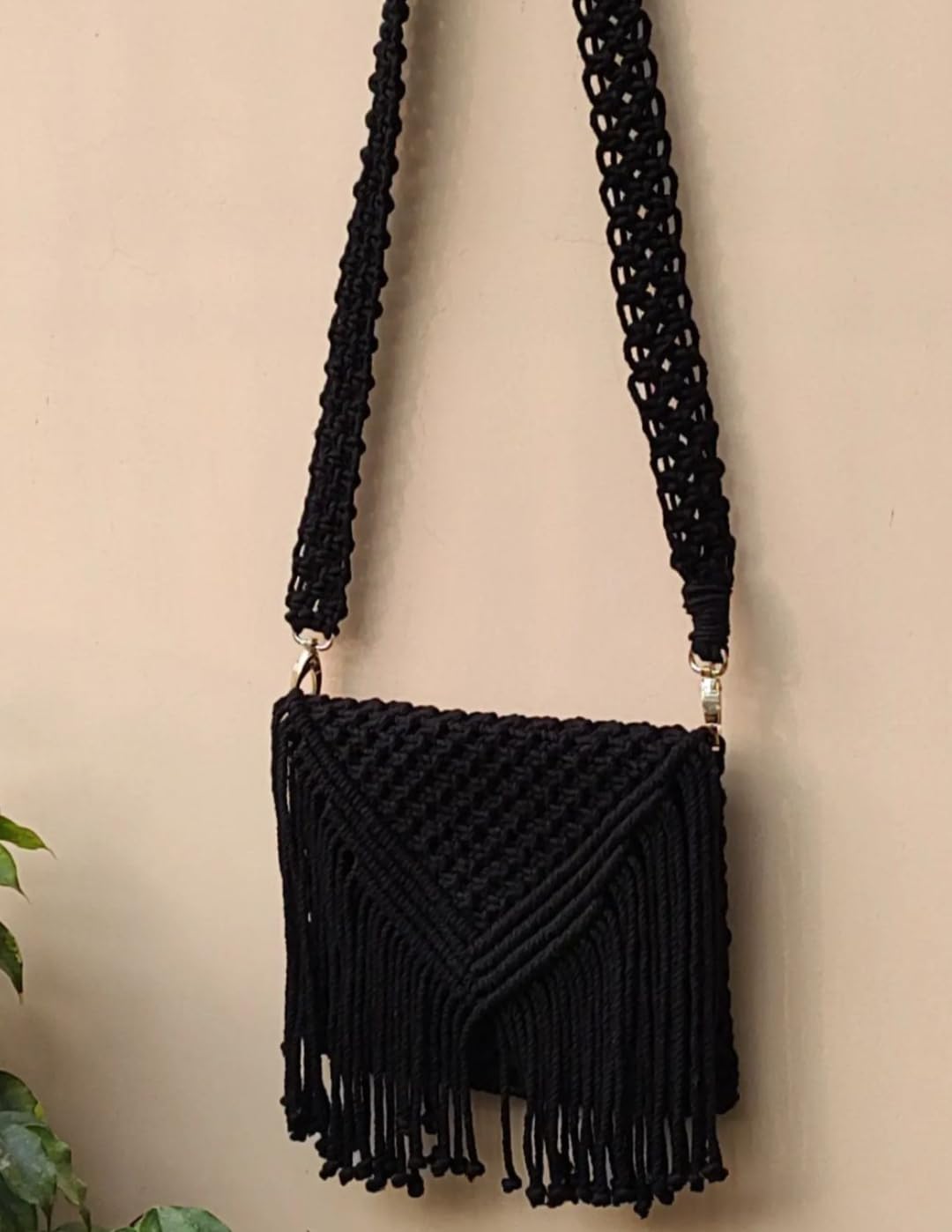 Handmade Macrame Shoulder Bag for Women - Boho Style Crossbody Purse with Adjustable Strap - 23cm x 23cm Black Handbag - Perfect for Beach, Festival & Everyday Use