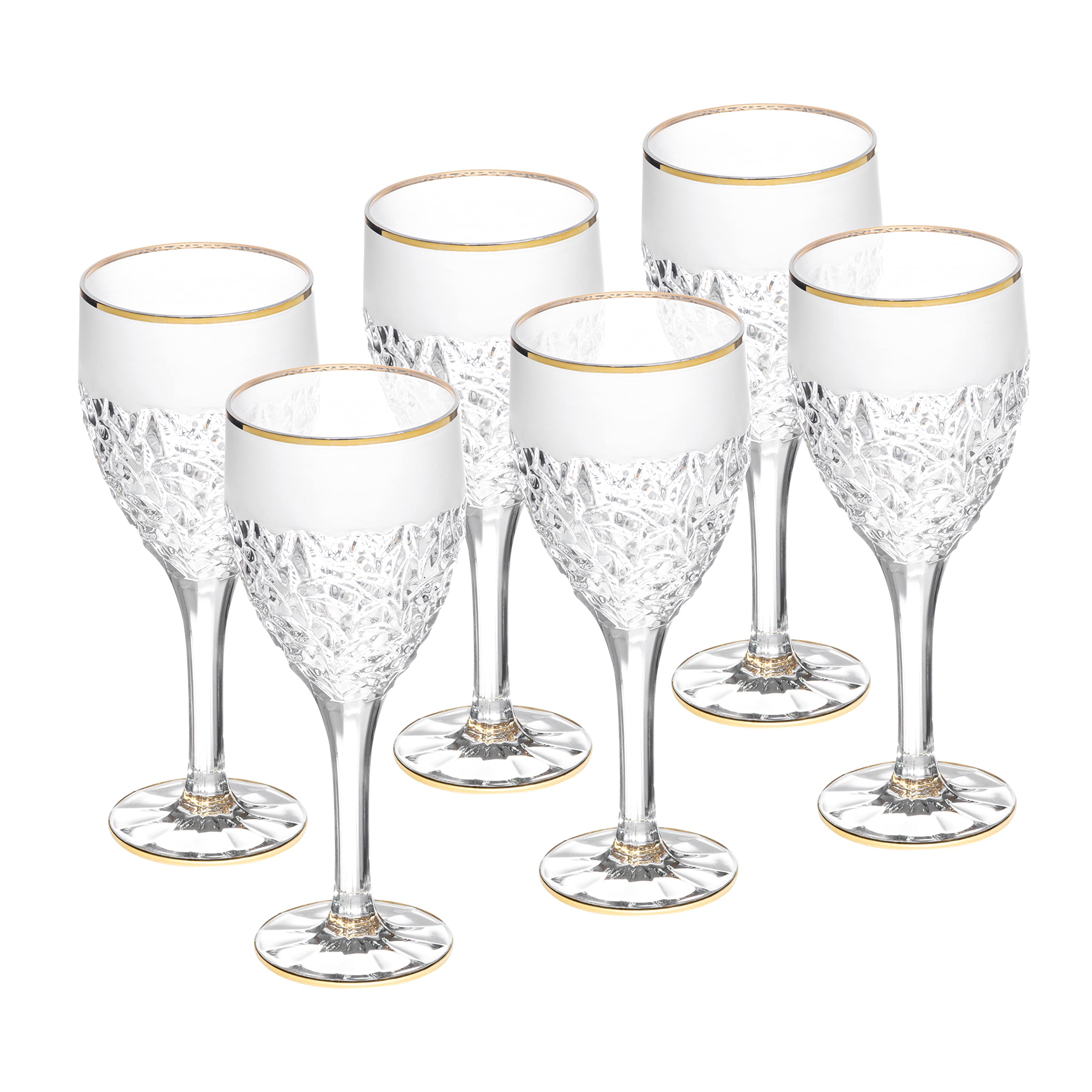 Premium 6-Piece Crystal Wine Glass Set with Frosted Border & Gold Rim - Elegant Stemmed Goblets for Red Wine, White Wine & Water - 11 oz European-Made Glassware for Dinner Parties, Weddings & Special Occasions