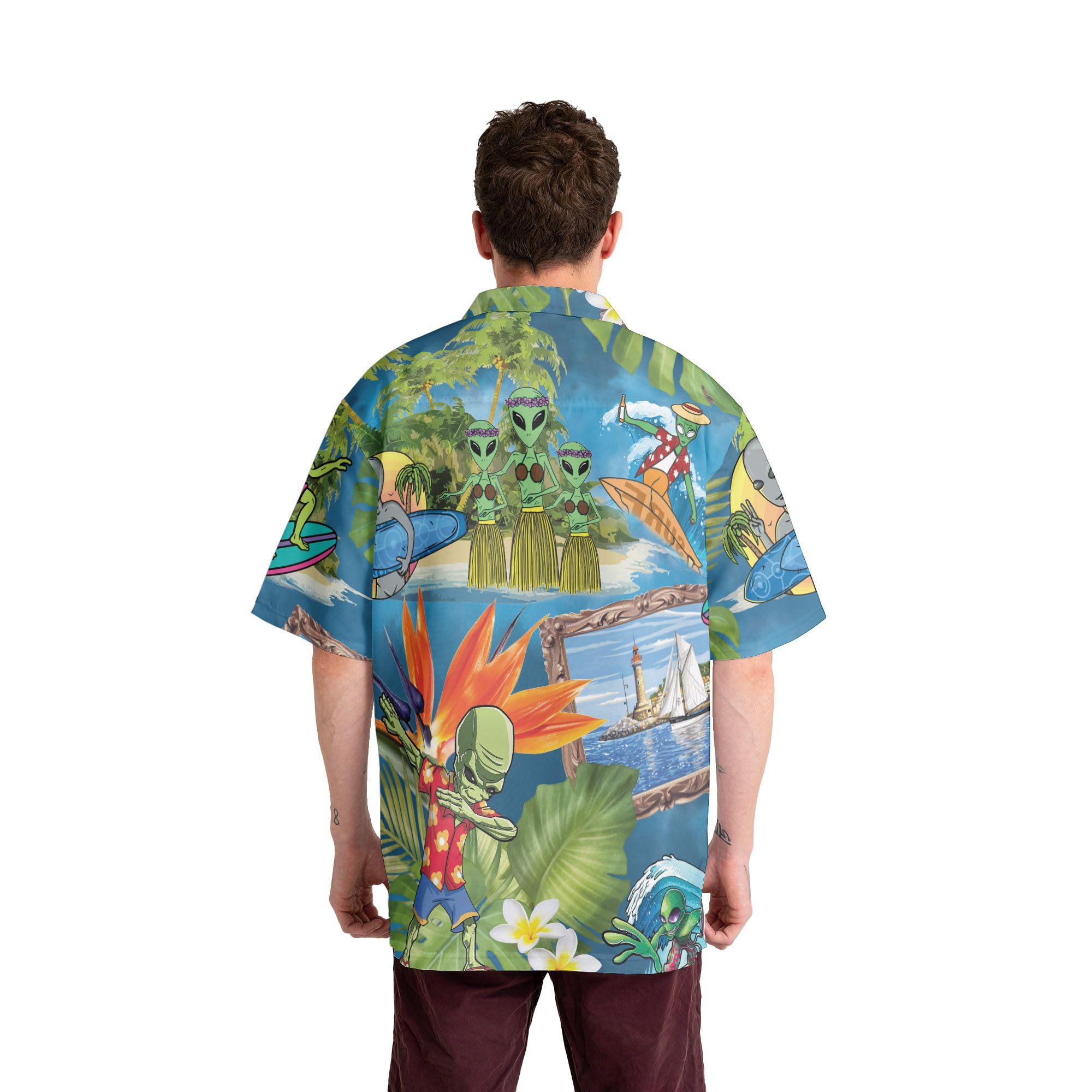 Funny Alien Shirts for Men | Casual Short Sleeve Hawaiian Shirts with Unique Alien Print | Perfect for Beach Parties, Cosplay & Sci-Fi Events