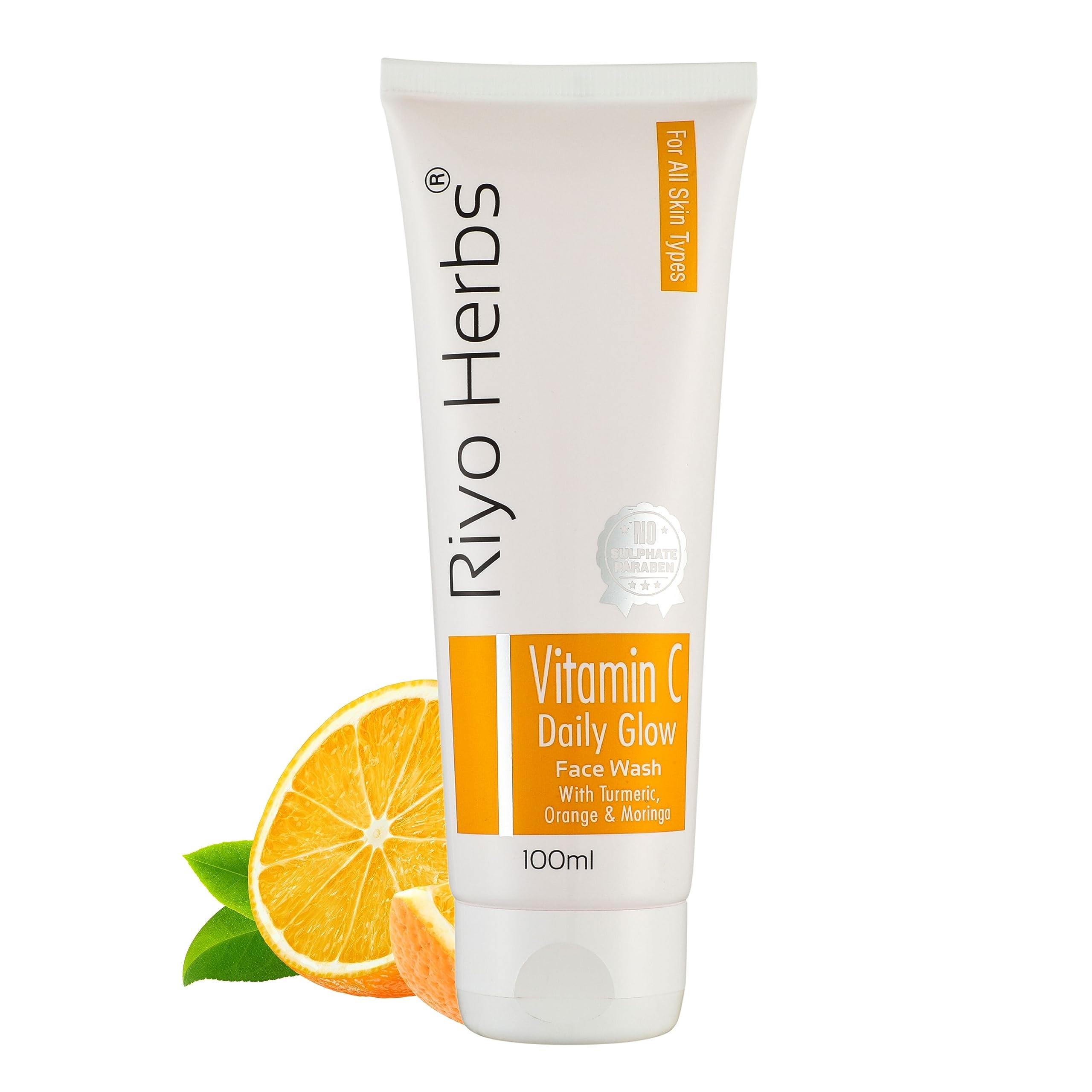 Riyo Herbs Vitamin C Face Wash for Daily Glow - Brightening Facial Cleanser with Vitamin C, Turmeric, Orange & Moringa - Reduces Dark Spots & Scars - 100ml - Perfect for Morning & Night Skincare Routine