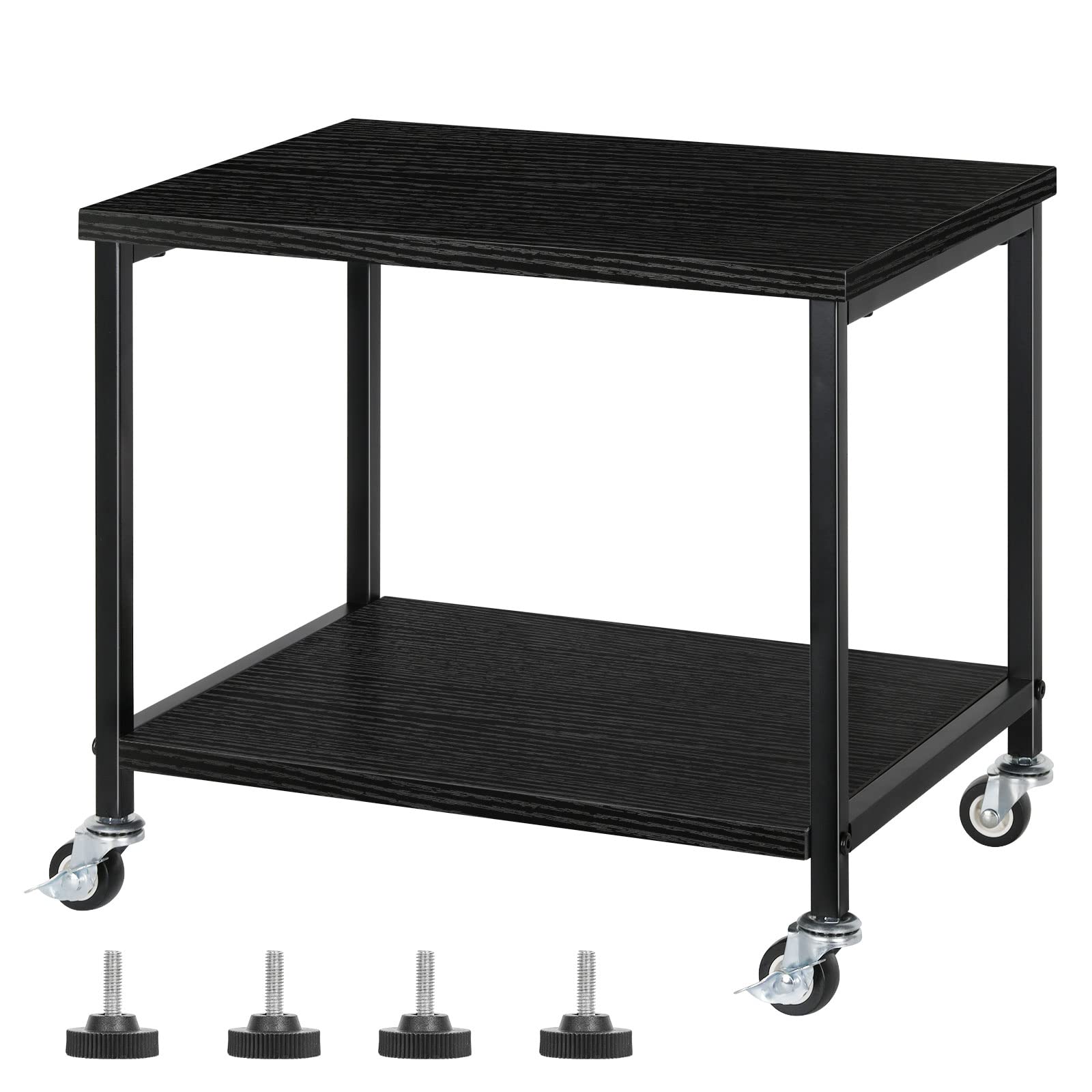 Black 2-Tier Rolling Printer Cart with Wheels - Mobile Under Desk Printer Stand for Home & Office - Organize Printer, Fax, Scanner - Wooden Desktop Shelf for Workspace & Small Office Organization