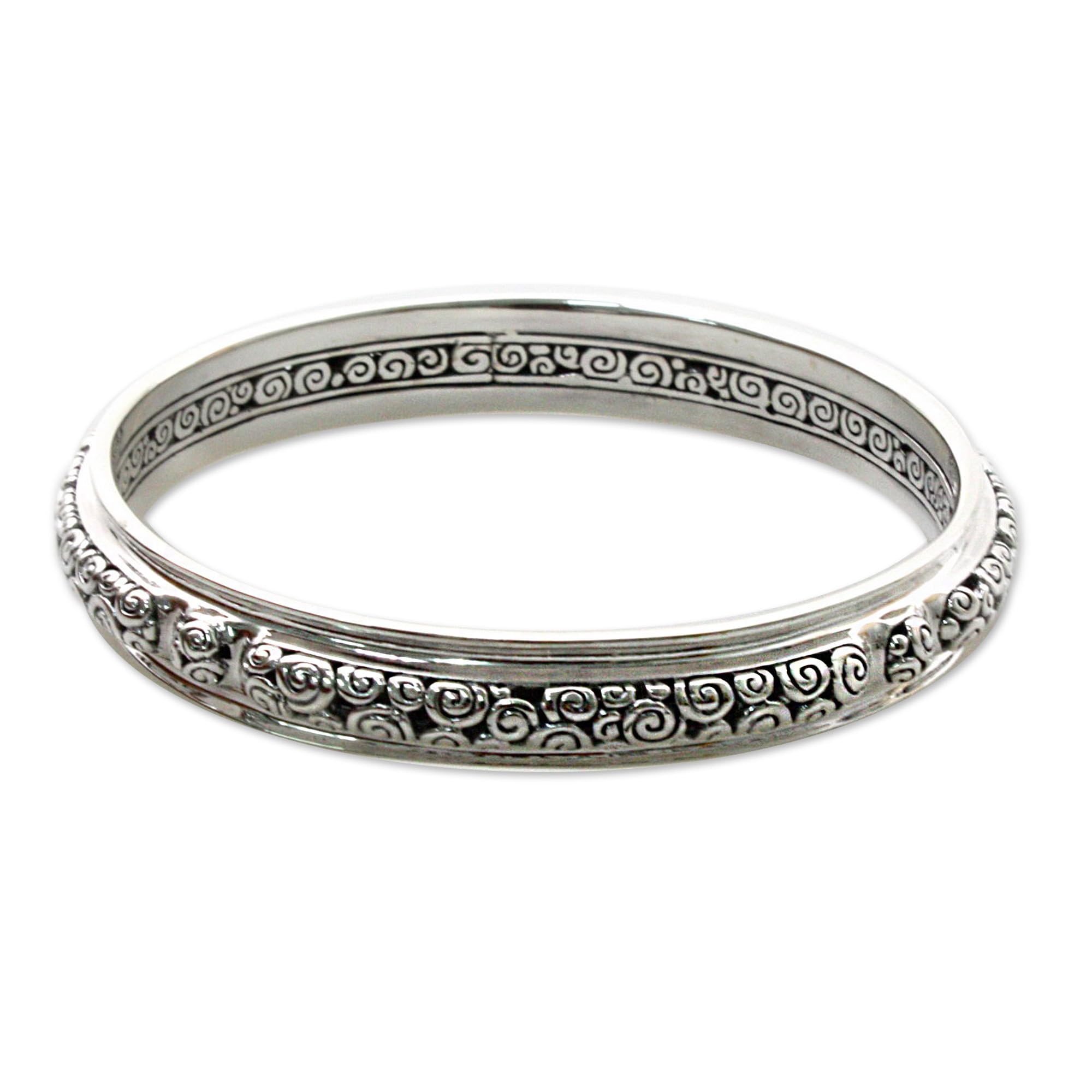 Handmade Sterling Silver Bangle Bracelet - 7.75 Inch Circle of Life Design | Artisan Jewelry from Indonesia | Perfect for Boho Fashion & Special Occasions
