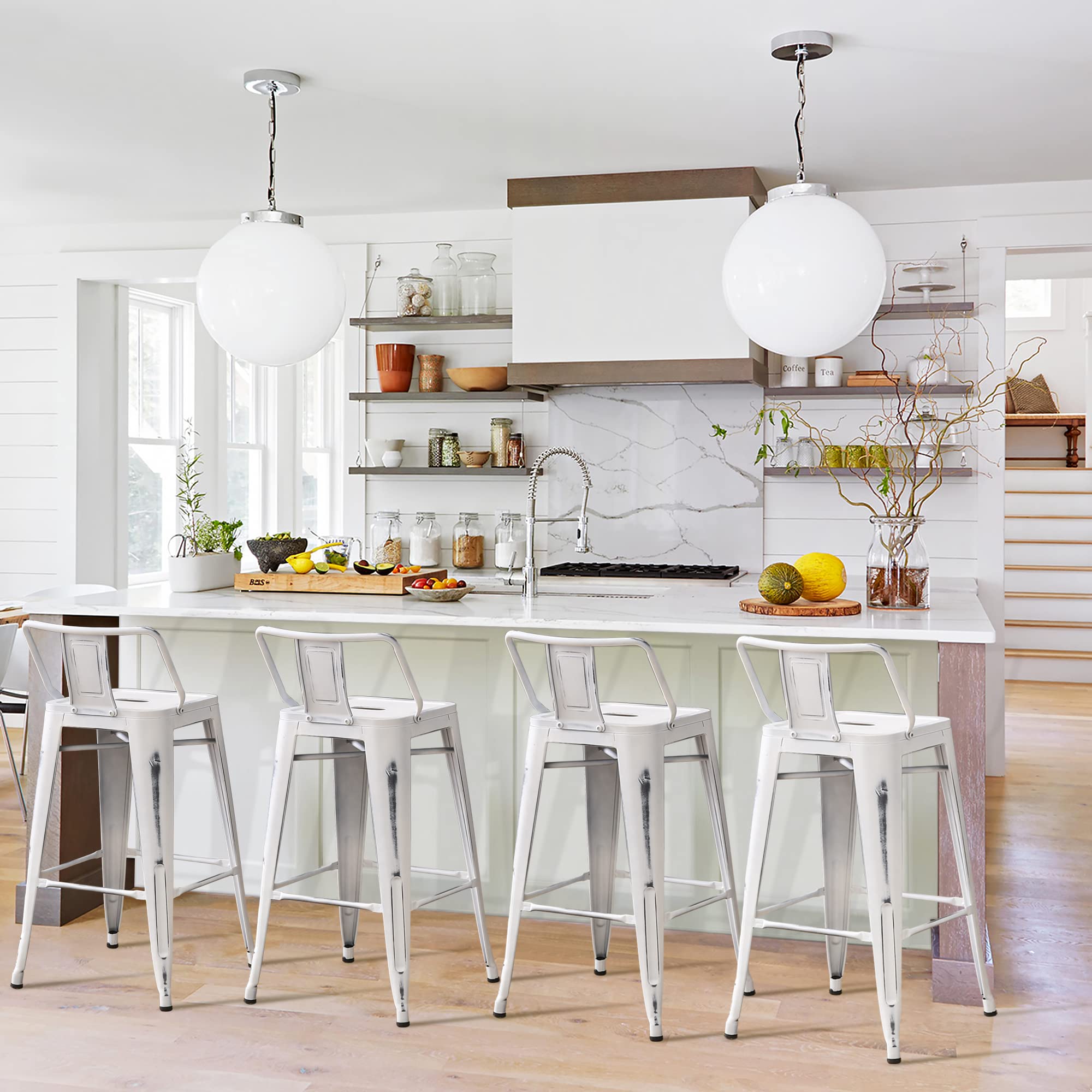 Changjie Furniture Set of 4 Industrial Metal Bar Stools with Backs - 26 Inch Distressed White Counter Height Stools for Bistro, Cafe & Home Kitchen Use