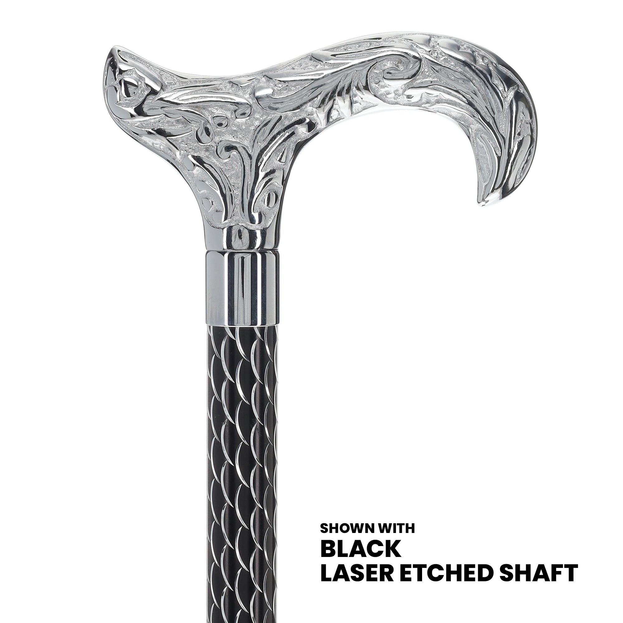 Premium Chrome Derby Handle Walking Cane with Black Laser Etched Shaft - V2147 - Scratch and Dent Discount - Ideal for Seniors, Mobility Support & Fashion Accessory