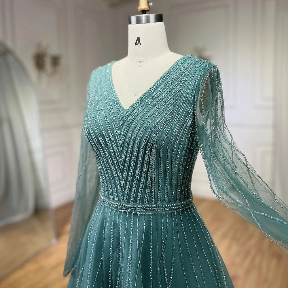 Elegant Muslim Turquoise Beaded A-Line Evening Dress for Dubai Luxury Formal Events - Serene Hill LA72228 | Perfect for Weddings, Galas, and Special Occasions