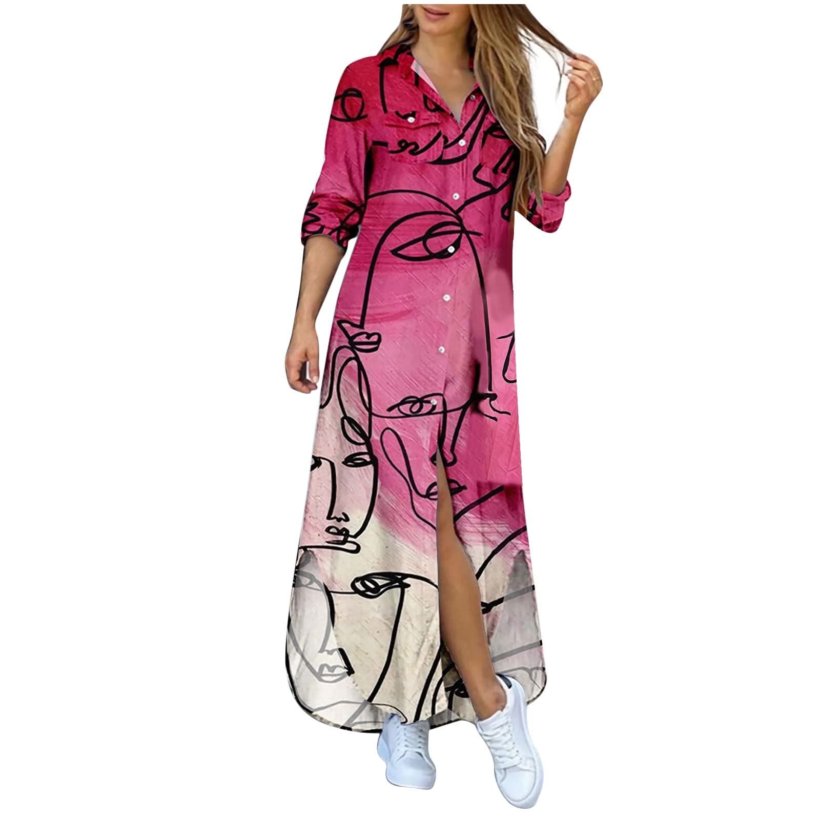 MOBCTG Women's Plus Size Long Sleeve Button Print Shirt Dress - Summer Fashion Casual Flowy Midi Dress for Women (Sizes S-3XL) | Perfect for Office, Date Night & Vacation Outfits