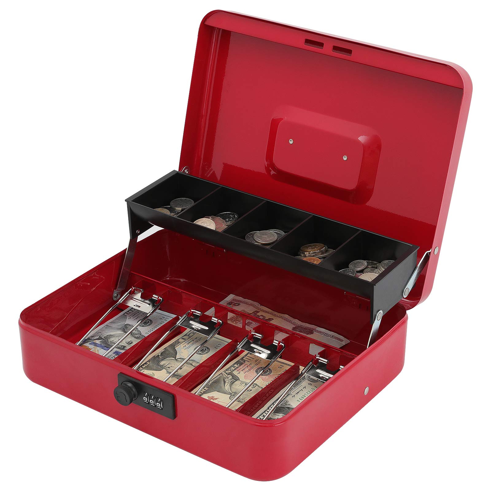 XYDLED Cash Box with Combination Lock & Money Tray - 4 Bill/5 Coin Slots, 11.8