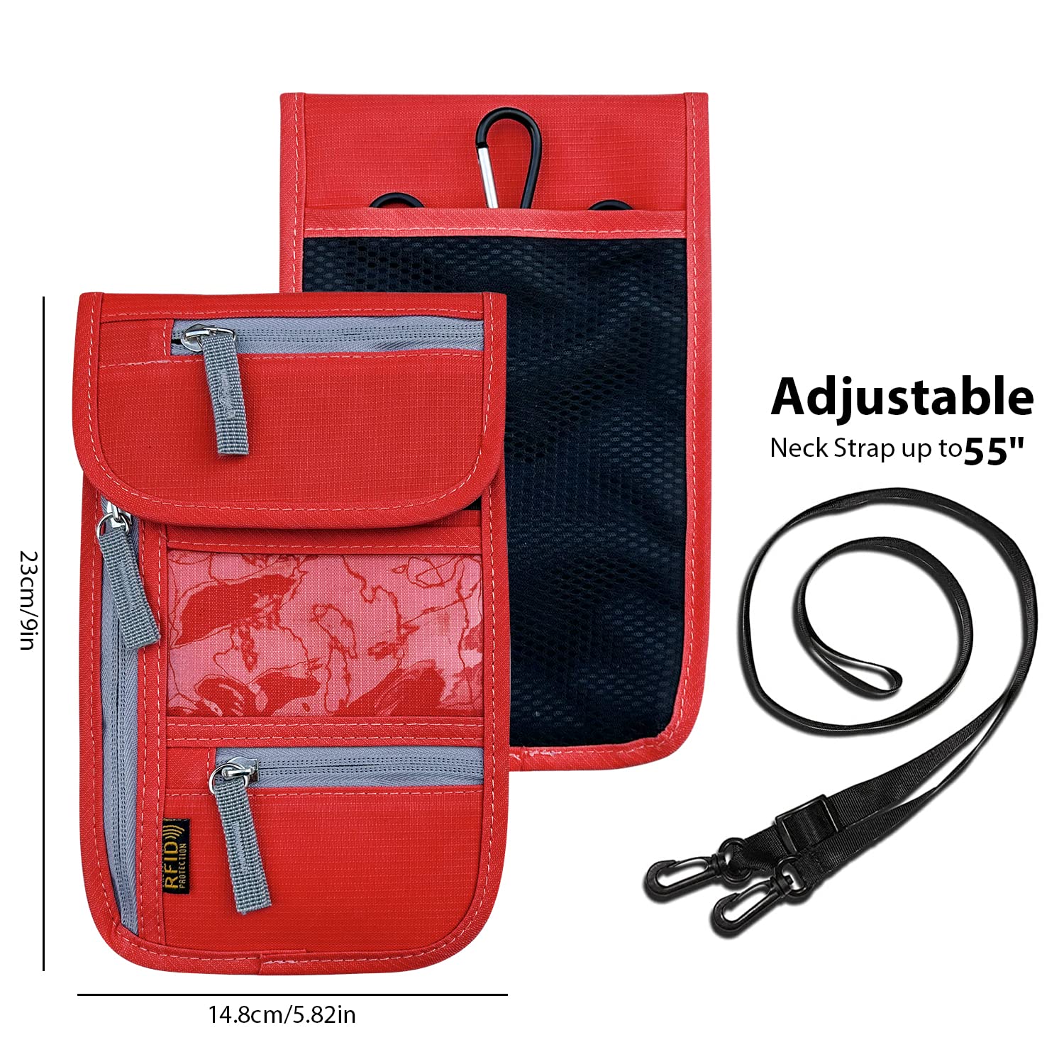 RFID Blocking Travel Neck Wallet - Adjustable Passport Holder for Men & Women to Secure Cash, Credit Cards & Travel Documents (Red) | Ideal for Airports, Cruises & International Trips