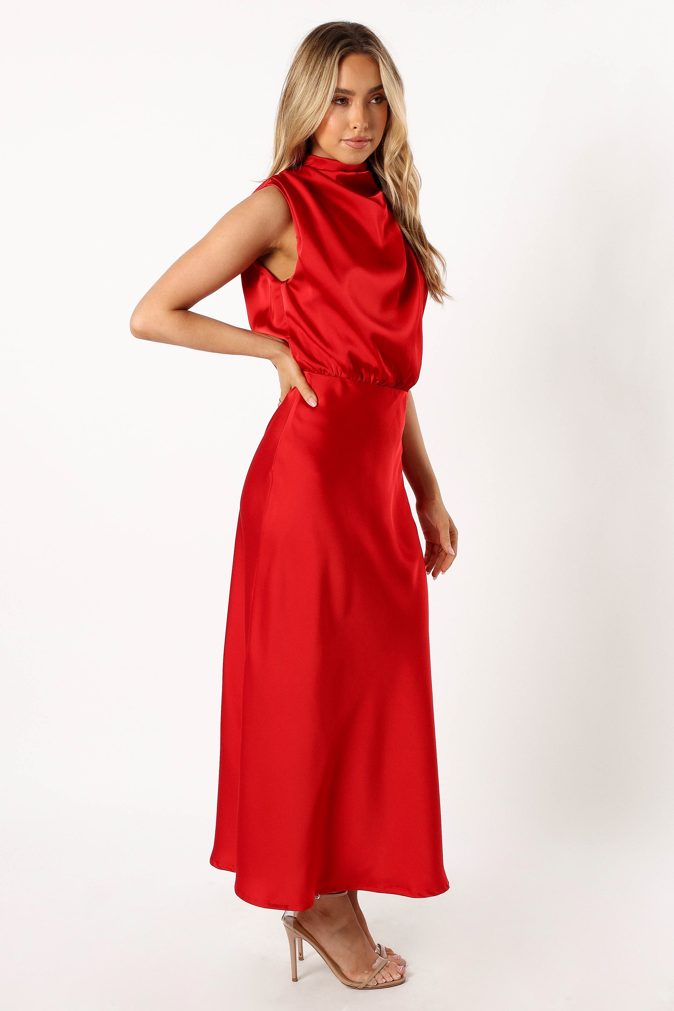Anabelle Halter Neck Midi Dress - Women's Flowy Summer Dress in Red | Perfect for Beach Vacations, Date Nights & Cocktail Parties