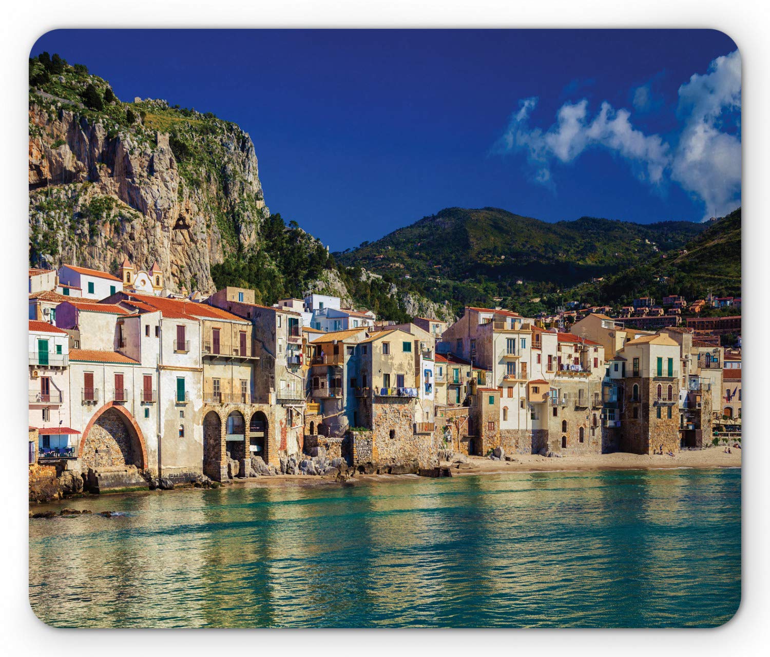 Lunarable Scenery Mouse Pad - Cozy Old Houses in Port of Cefalu Sicily Mediterranean Seaside Landscape, Non-Slip Rubber Mousepad for Office & Gaming, Standard Size Rectangle Mouse Mat with Vibrant Colors - Perfect for Computer Desks, Home Office & Workstations