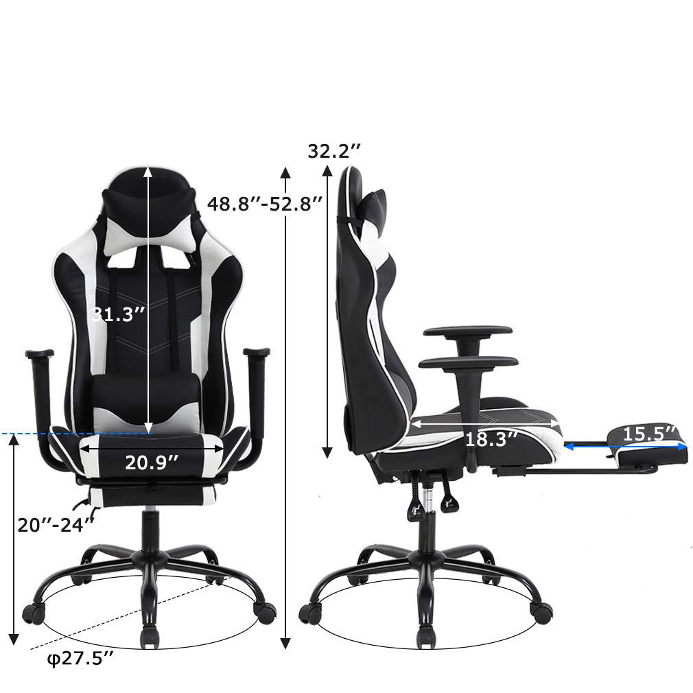 Ergonomic Gaming Chair with Lumbar Support - PU Leather PC & Office Chair, Adjustable Recliner with Massage Function, Swivel Rolling Task Chair for Adults (White) - Perfect for Home Office, Gaming Setup & Workstation Comfort