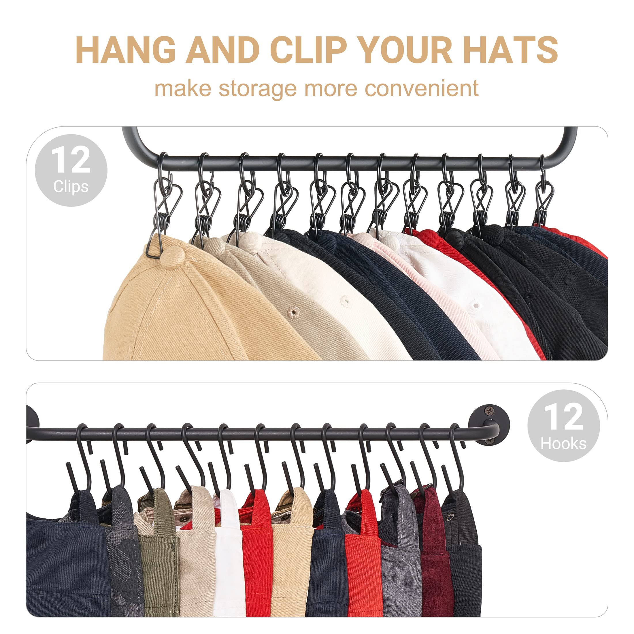 Wall Mounted Wooden Hat Rack with Shelf - 12 Hooks & 12 Clips for Baseball Caps, Cowboy Hats & Accessories Storage - Space Saving Organizer for Closet, Bedroom or Entryway - Durable Metal Hanger for Stylish Hat Display