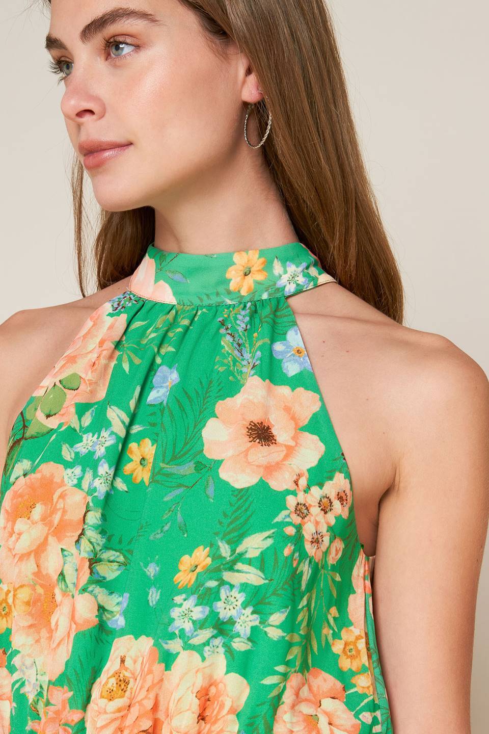 Porcelain Bloom Green Floral Halter Maxi Dress - Elegant Summer Beach Wedding Party Outfit for Women