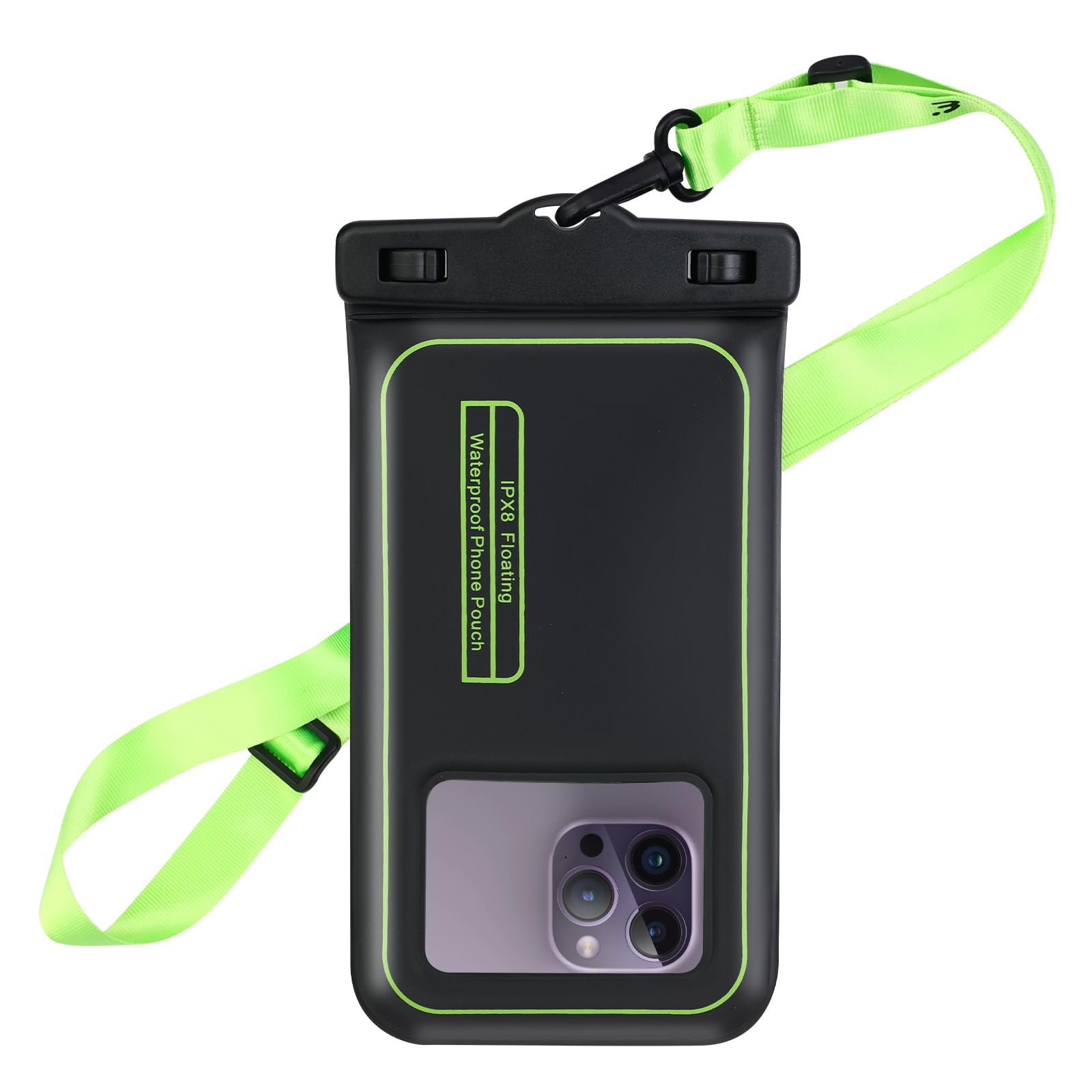 MYBAT PRO IPX8 Waterproof Phone Pouch - Universal Floating Dry Bag for iPhone 15 Pro Max/14/13, Samsung S24 Ultra/S23, Google Pixel - Detachable Lanyard, Black/Green - Perfect for Swimming, Beach, Kayaking & Water Sports