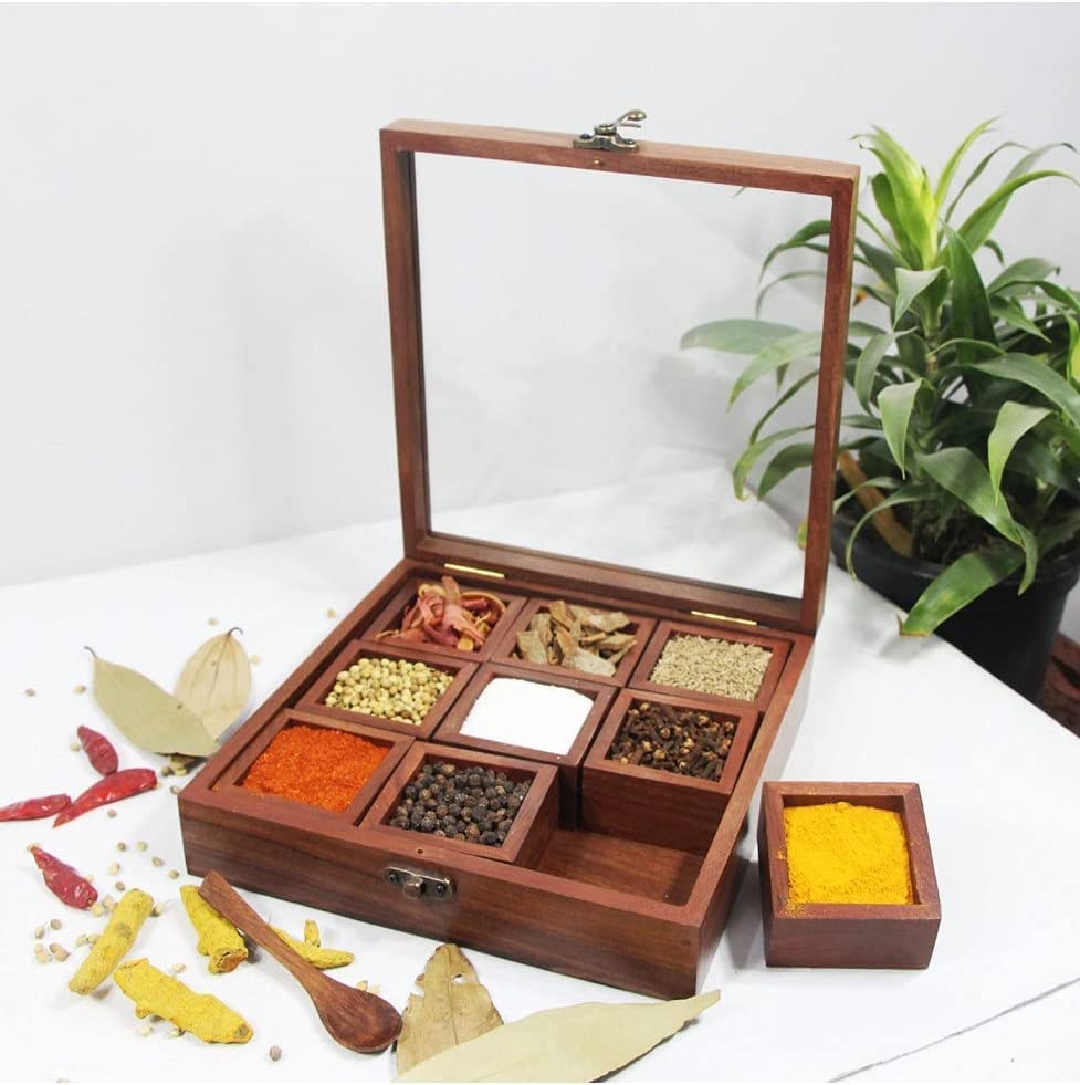 IBLAY Handmade Wooden Spice Box - 9 Compartment Brown Designer Spice Organizer for Kitchen & Dining (8x8x2 Inches) - Perfect for Storing Herbs, Spices, and Seasonings in Pantry or Countertop