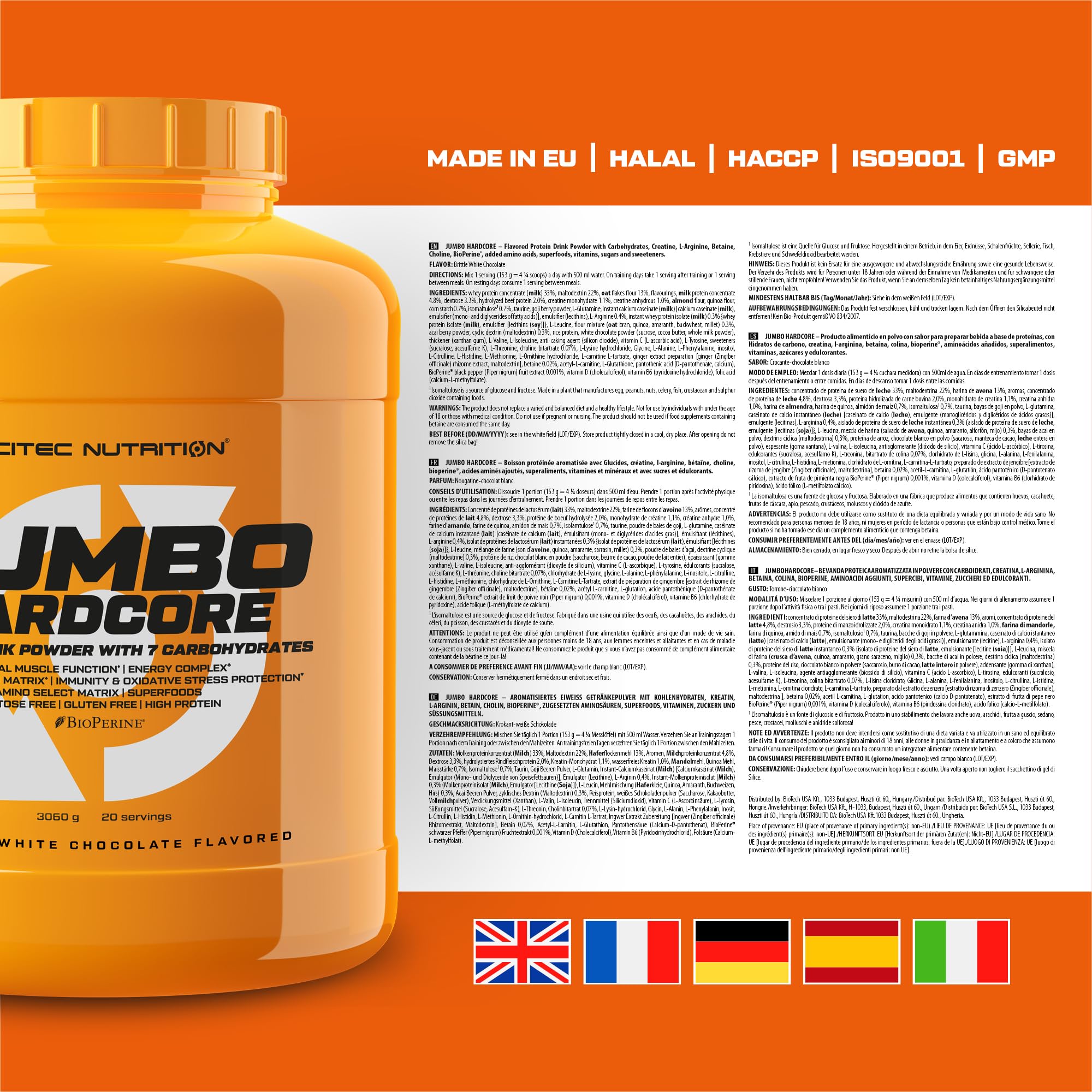 Scitec Nutrition Jumbo Hardcore - High Protein Weight Gainer Powder with Amino Select Matrix, Superfoods, Creatine | 7 Carbs, Gluten & Lactose Free | 3060g Brittle White Chocolate Flavor for Muscle Growth & Post-Workout Recovery