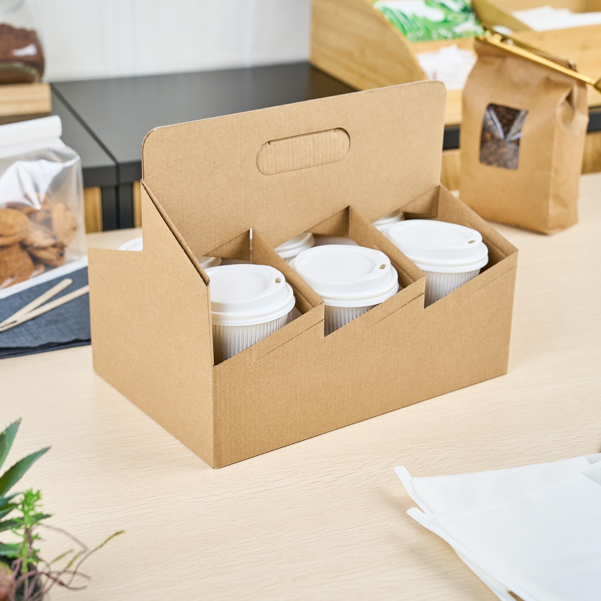 Restaurantware Altalena 100-Pack Disposable Drink Carriers with Handles - Kraft Paper Cup Holders for 6 Beverages | Perfect for Coffee Delivery, Takeout, and Catering Services