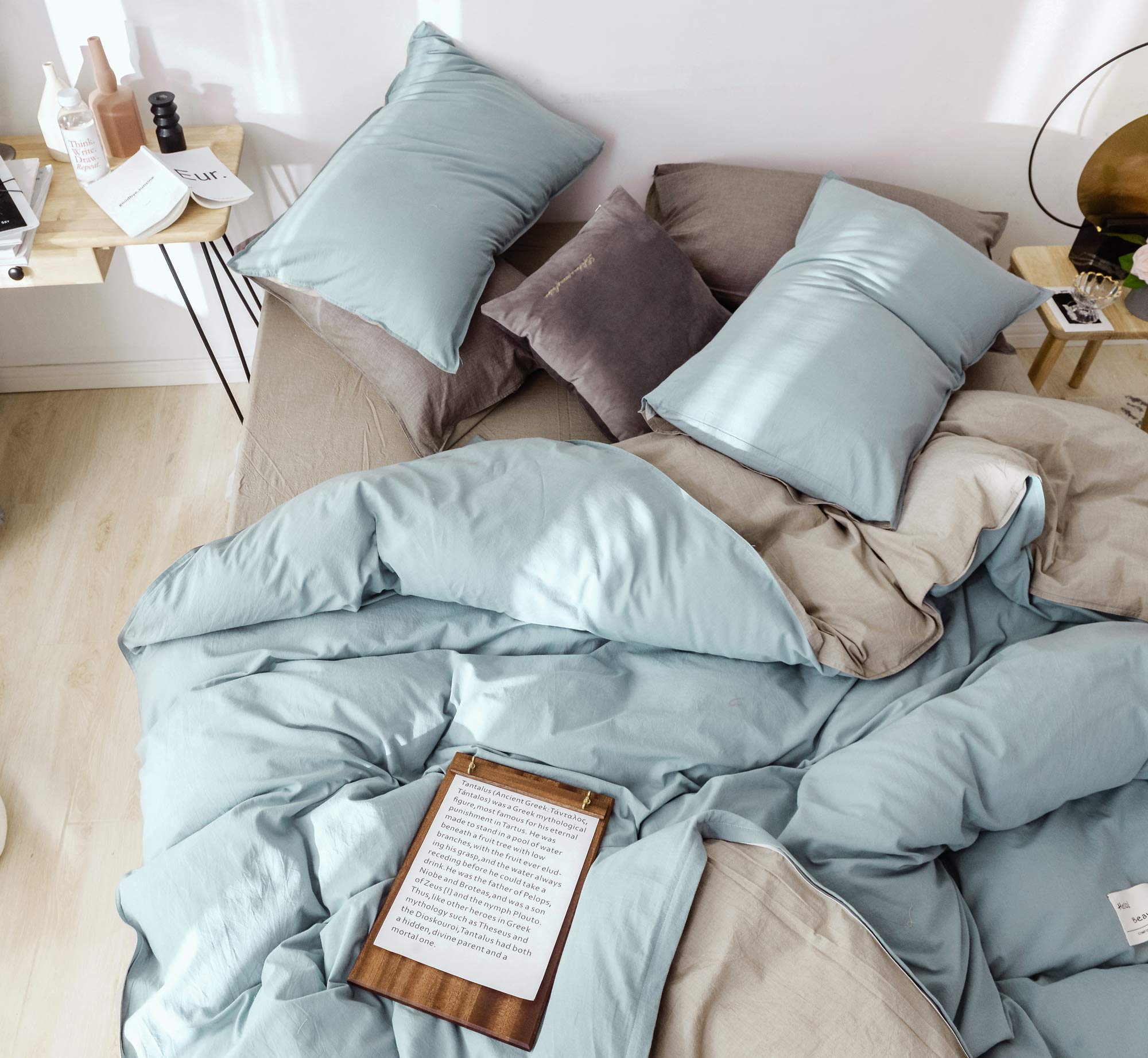 Premium 100% Cotton 200 Thread Count Duvet Cover Set - California King Size (Blue-Grey & Brown) with 2 Pillowcases | MOON'S SLEEPWARES Herse Series | Soft & Breathable Bedding for Luxurious Comfort - Perfect for Master Bedrooms, Guest Rooms & Hotels