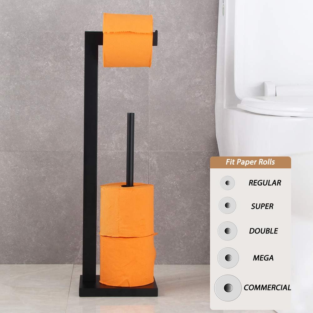 Premium GERZWY SUS 304 Stainless Steel Free Standing Toilet Paper Holder - Matte Black Bathroom Tissue Stand with Reserve Storage | Durable Lavatory Pedestal for Home, Office & Guest Bathroom Decor