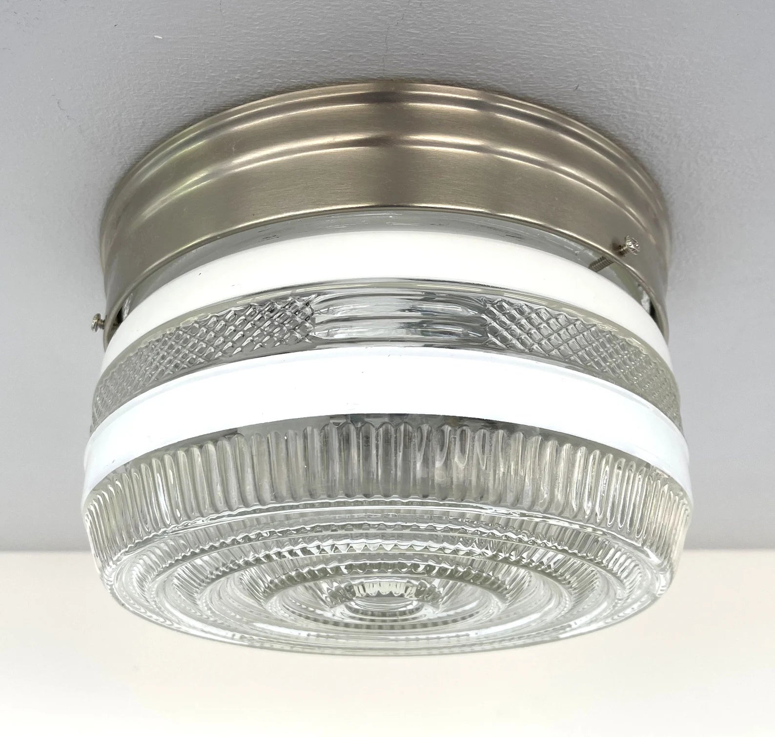 Vintage 1960s Retro Drum Flush Mount Ceiling Light Fixture - Brushed Nickel Finish - Perfect for Mid-Century Modern Living Room, Bedroom or Dining Room Lighting