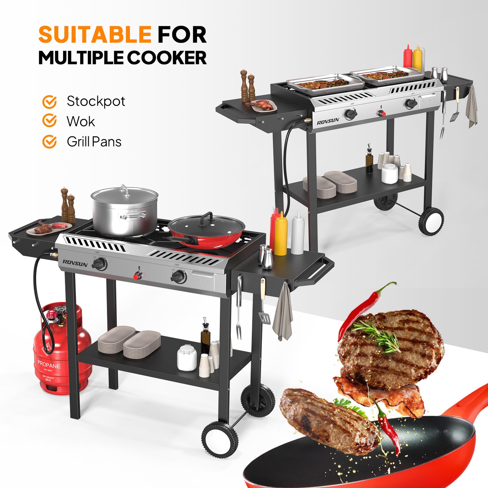 ROVSUN 2 Burner Outdoor Propane Gas Stove with Auto-Ignition - 150,000 BTU High-Power Camping & Backyard Cooking Stove with Regulator & Side Shelves - Perfect for Grilling, Home Brewing, Canning & Turkey Frying - Ideal for Patio, Picnic, Tailgating & Outdoor Adventures