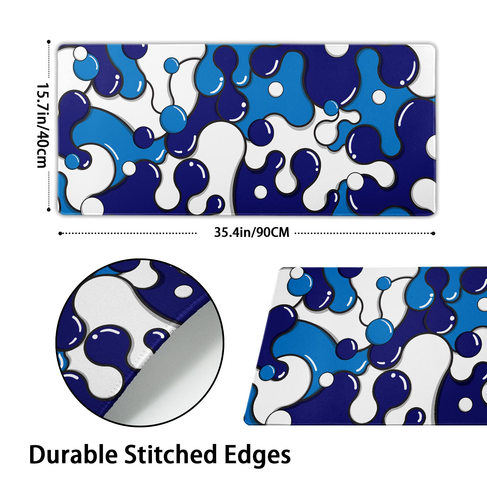 Anime Geometric Japanese Extended Gaming Mouse Pad - Navy Blue & White XXL Non-Slip Rubber Base (90x40cm/35.4x15.7in) with Stitched Edge - Perfect for Gaming, Laptop & Computer Desktop Workspace