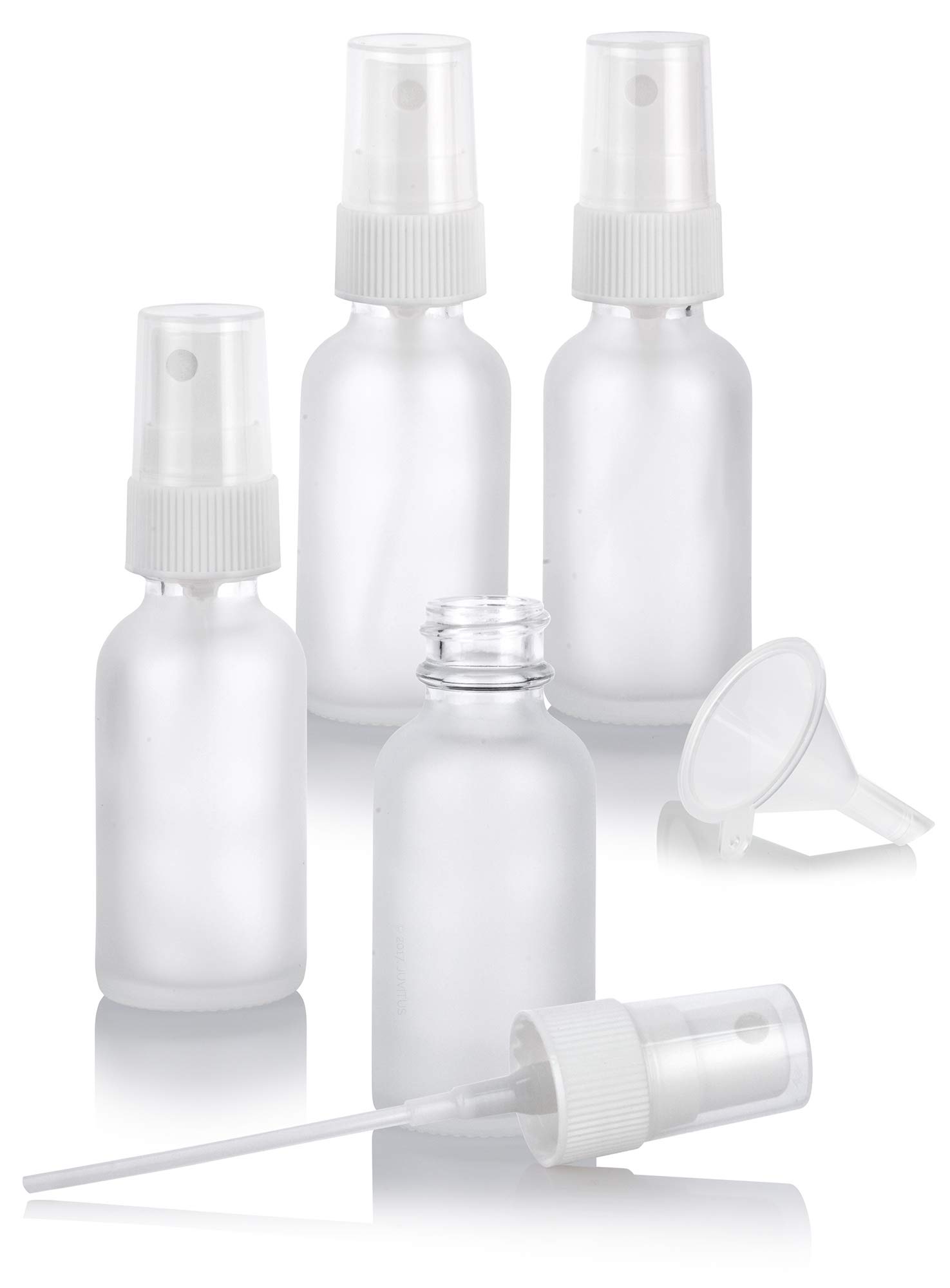 1 oz Frosted Clear Glass Boston Round Bottle with White Fine Mist Spray (4 Pack) + Funnel - Perfect for Essential Oils, Perfumes, DIY Beauty & Travel Size Liquids